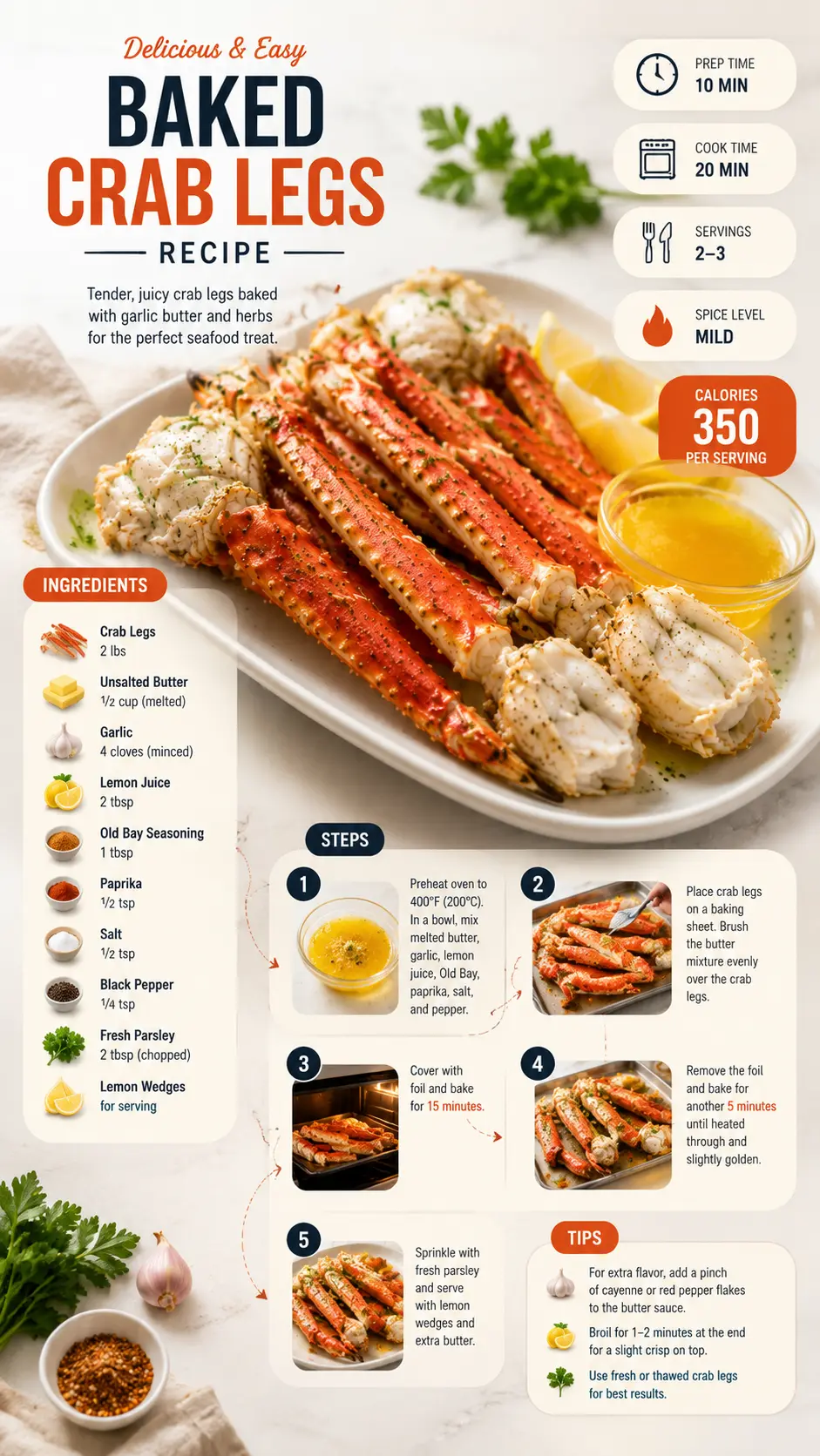 Baked Crab Legs Recipe Vertical infographic for Baked Crab Legs Recipe showing ingredients, baking steps, cooking times, and the finished crab legs with melted butter.