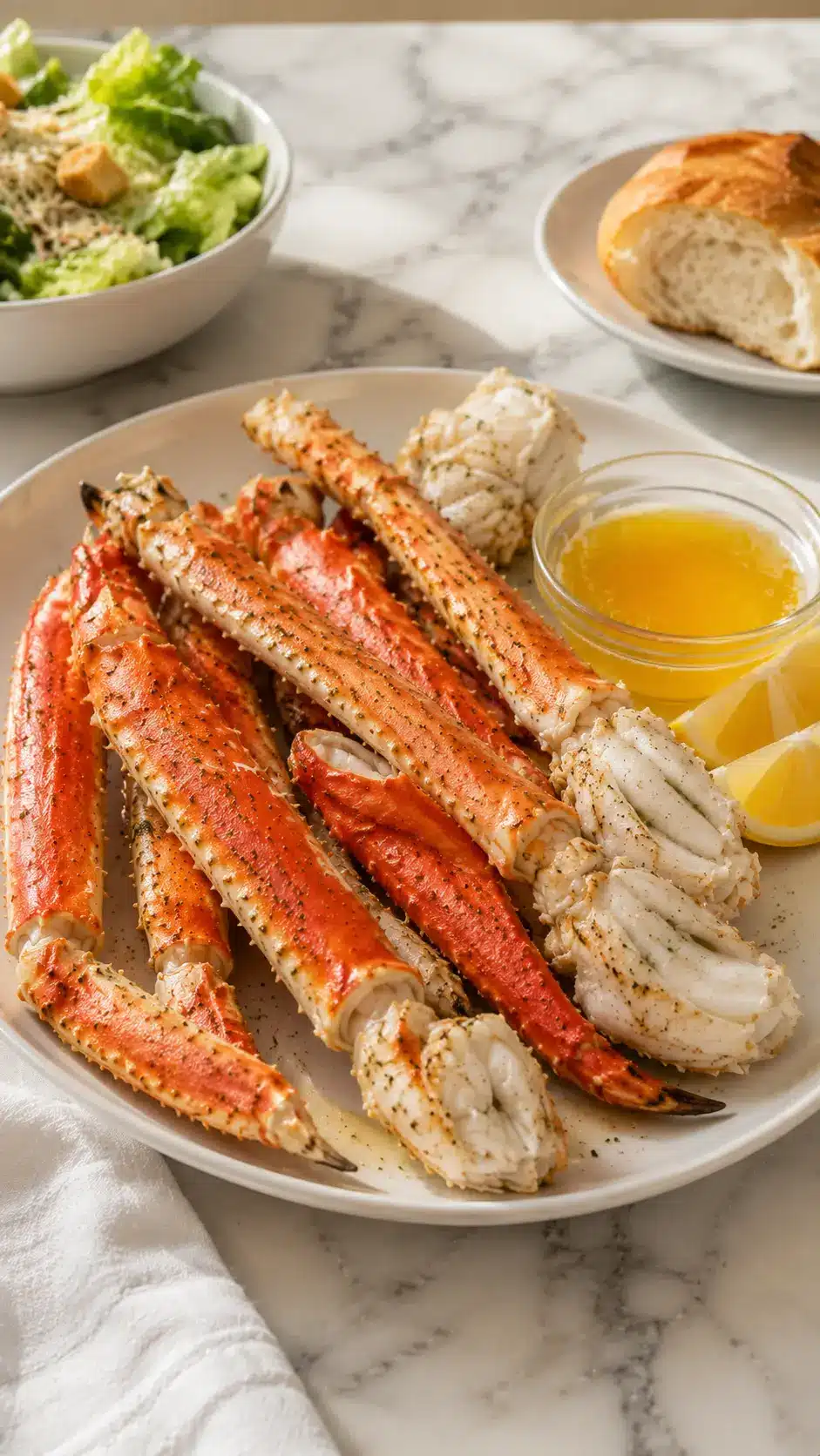 Baked Crab Legs Recipe Vertical photo of Baked Crab Legs Recipe served with melted butter, lemon wedges, fresh salad, and crusty bread on a white marble table.