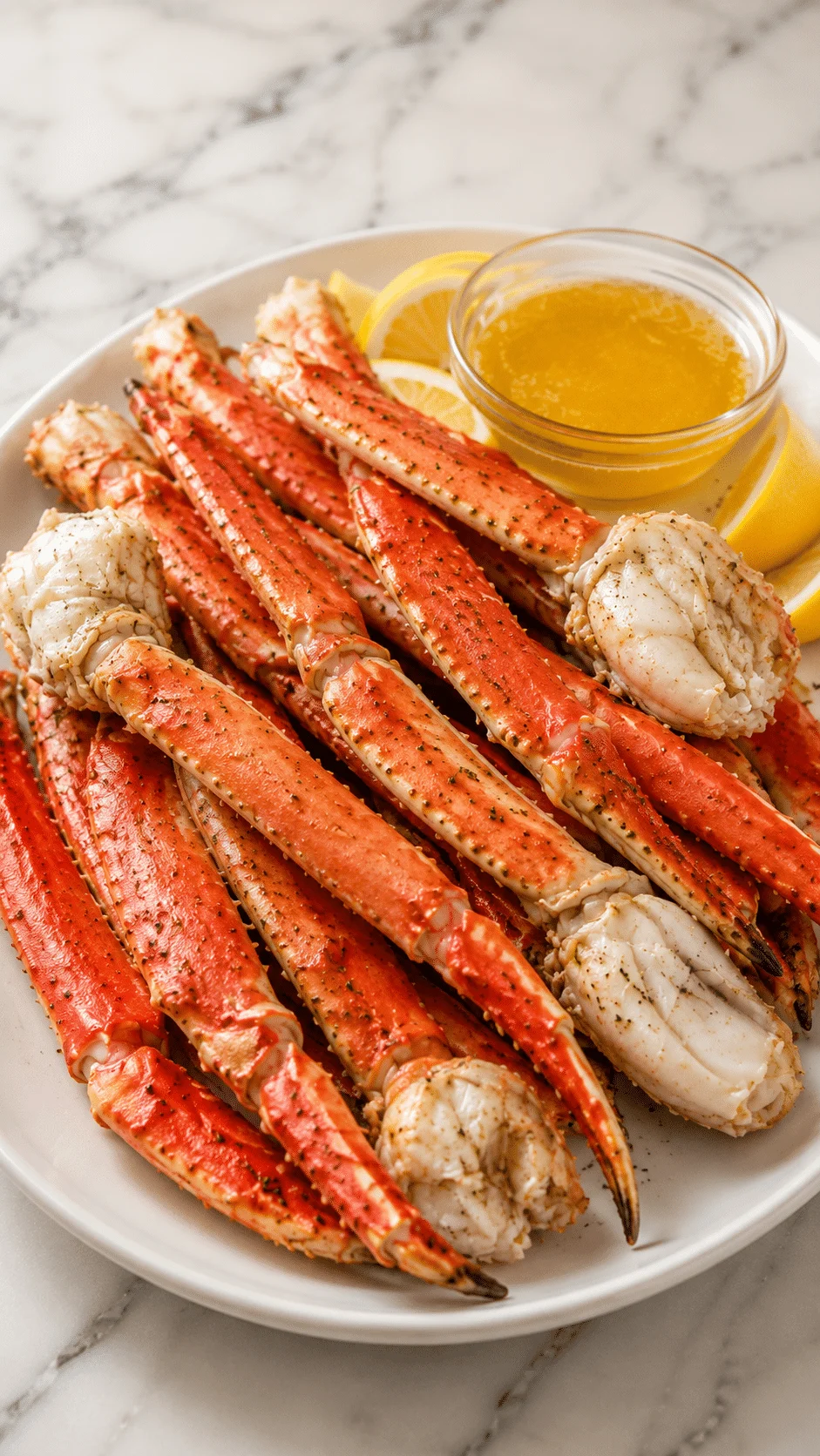 Baked Crab Legs Recipe Vertical photo of Baked Crab Legs Recipe served on a white platter with melted butter and fresh lemon wedges on a warm white marble surface.