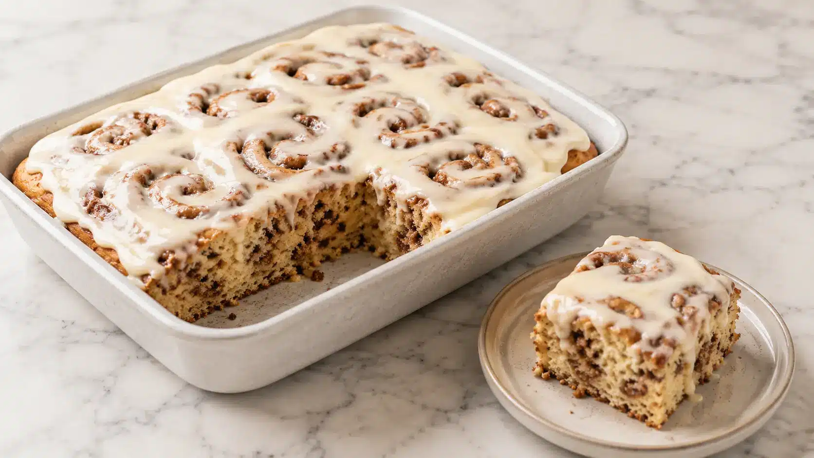 Freshly baked Cinnabon Cinnamon Roll Cake with cream cheese frosting served on a white marble countertop with one slice plated
