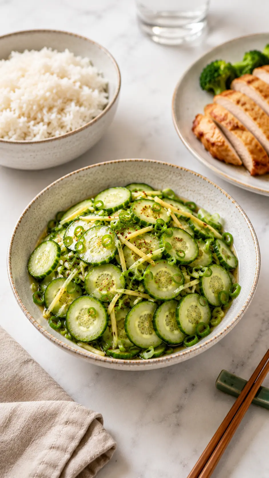 Crispy Cucumber Ginger Salad Vertical 9:16 photo of Crispy Cucumber Ginger Salad served as part of a complete meal with grilled chicken, steamed rice, broccoli, and a glass of water on a white marble countertop.