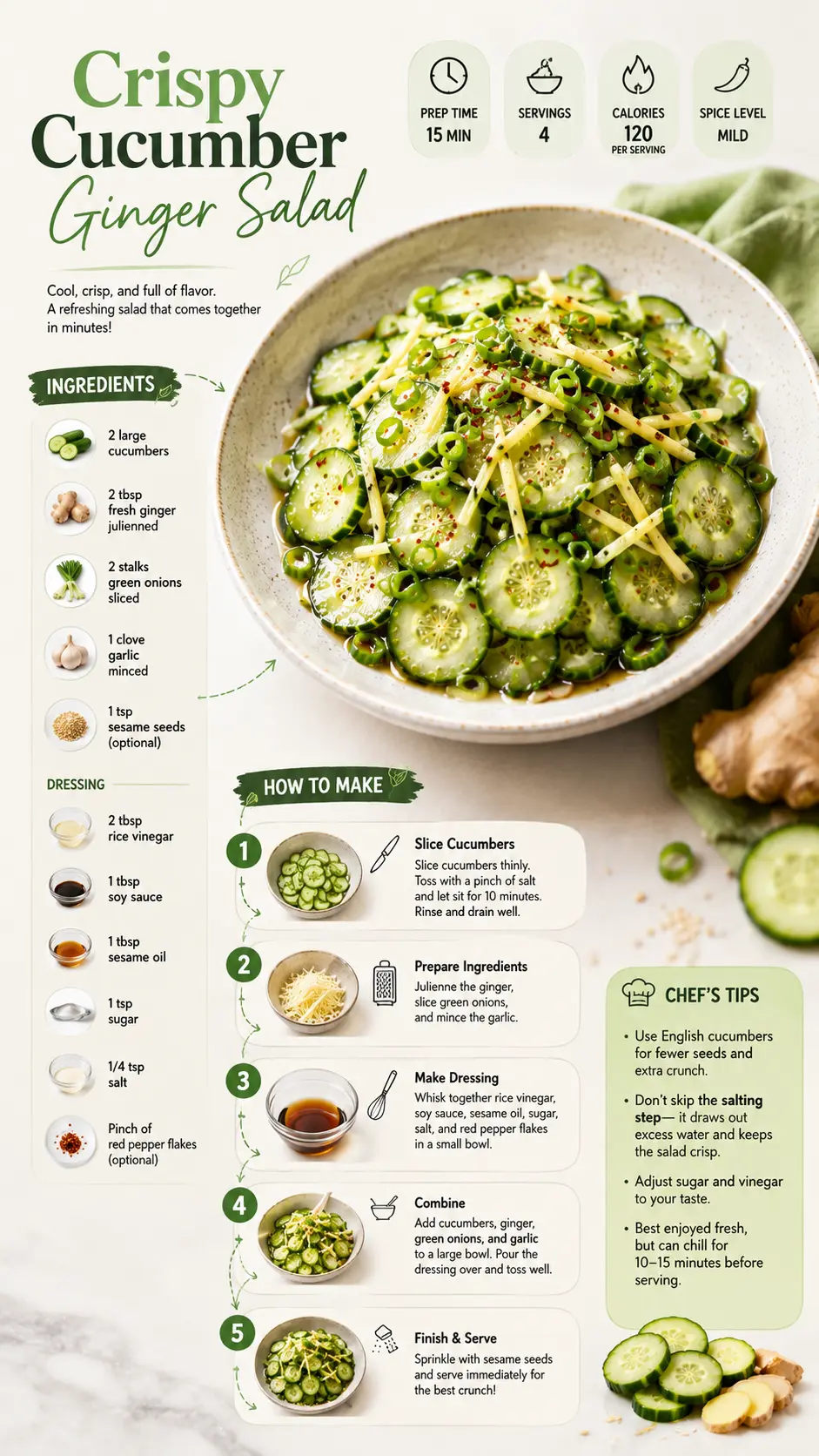 Crispy Cucumber Ginger Salad Vertical recipe infographic for Crispy Cucumber Ginger Salad featuring the finished salad, ingredients, step-by-step preparation, and cooking tips in a clean 9:16 layout.