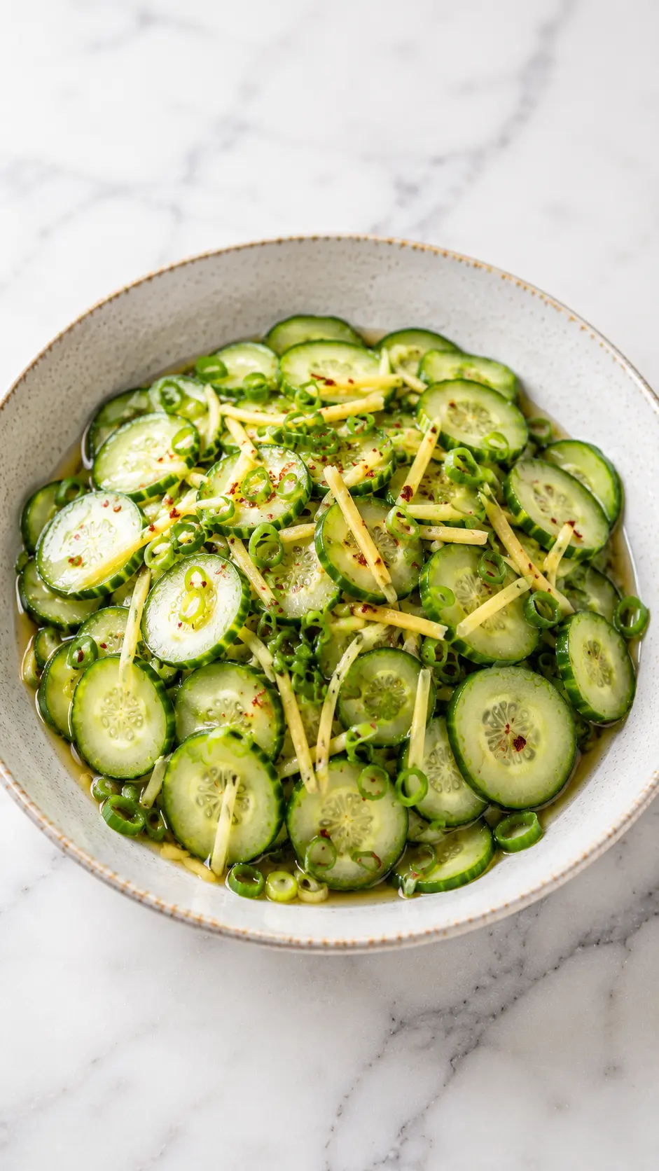 Crispy Cucumber Ginger Salad Vertical 9:16 photo of Crispy Cucumber Ginger Salad served in a ceramic bowl with thin cucumber slices, fresh ginger, scallions, and a light marinade on a white marble countertop.