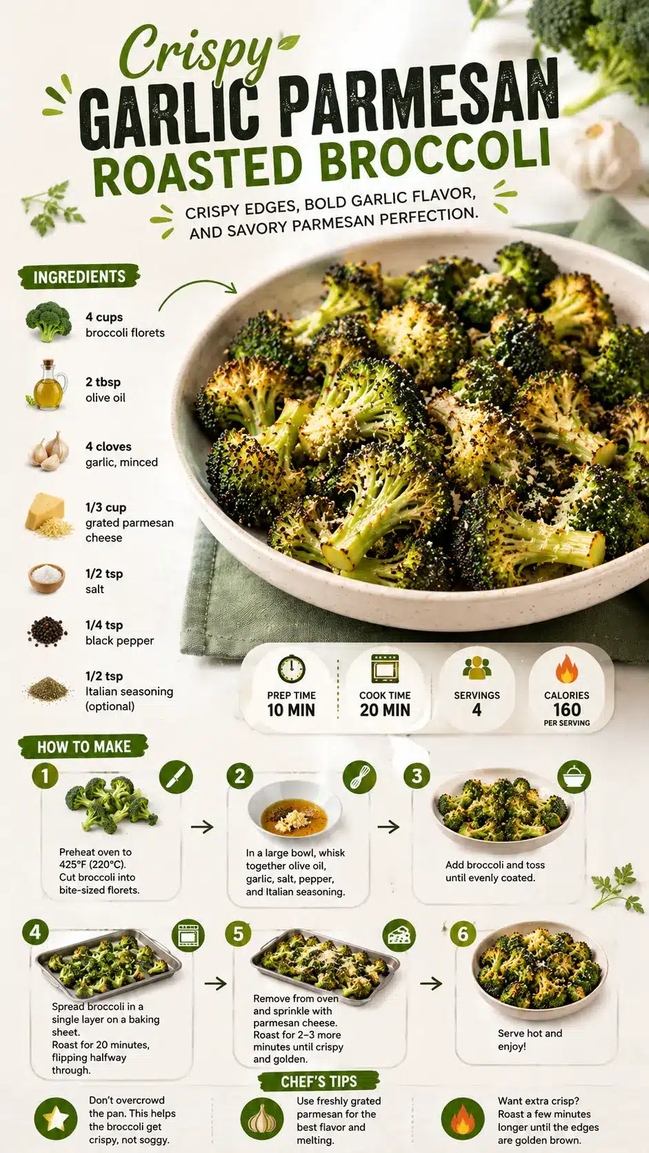 Crispy Garlic Parmesan Roasted Broccoli 9:16 recipe infographic for Crispy Garlic Parmesan Roasted Broccoli featuring ingredients, step-by-step instructions, cooking times, and the finished roasted broccoli dish.