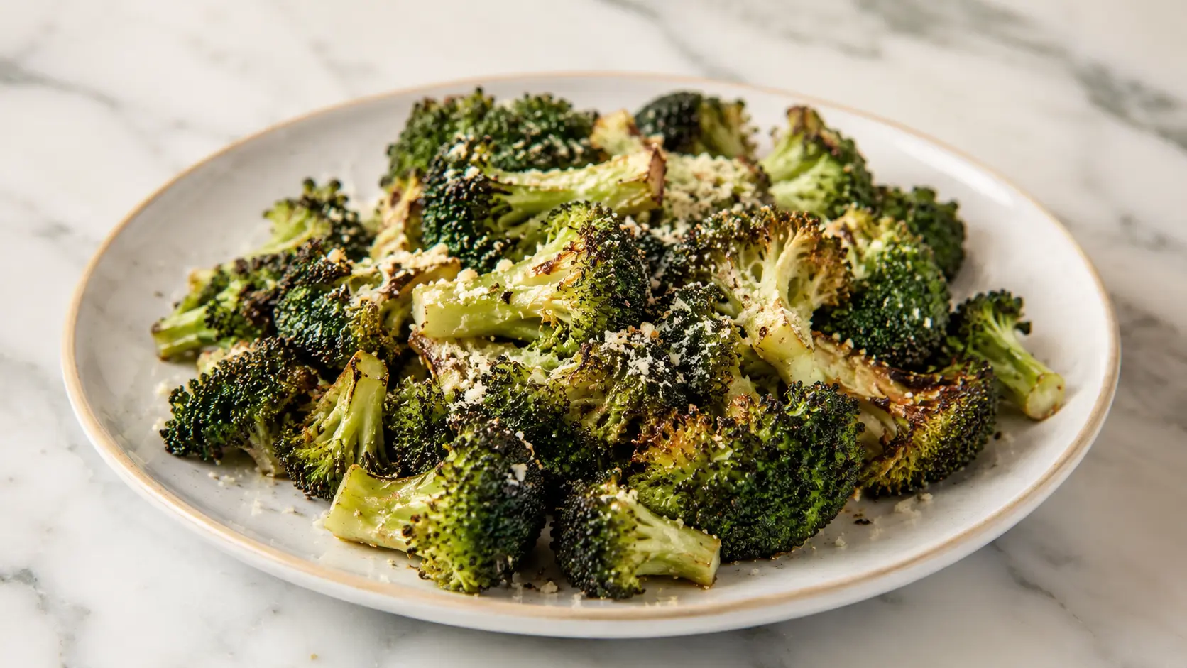 Crispy Garlic Parmesan Roasted Broccoli served on a white plate with golden roasted edges and freshly grated Parmesan cheese.