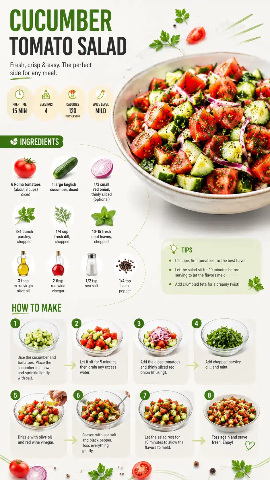 Cucumber Tomato Salad Vertical infographic showing how to make Cucumber Tomato Salad with ingredients, step-by-step instructions, prep time, servings, and a finished salad.