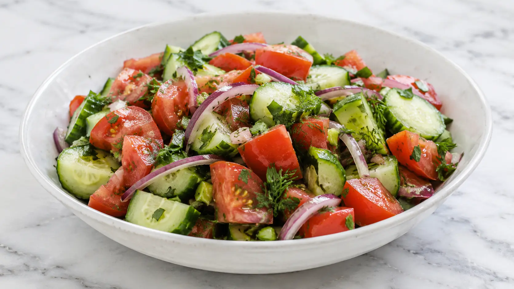 Fresh Cucumber Tomato Salad made with English cucumber, ripe tomatoes, red onion, fresh herbs, olive oil, and red wine vinegar in a white serving bowl.