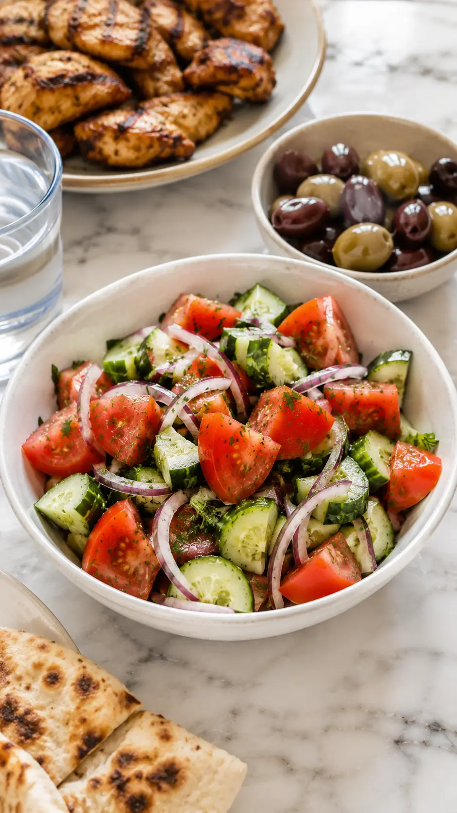 Cucumber Tomato Salad Cucumber Tomato Salad served with grilled chicken, olives, pita bread, and water on a white marble table in a vertical 9:16 food photo.