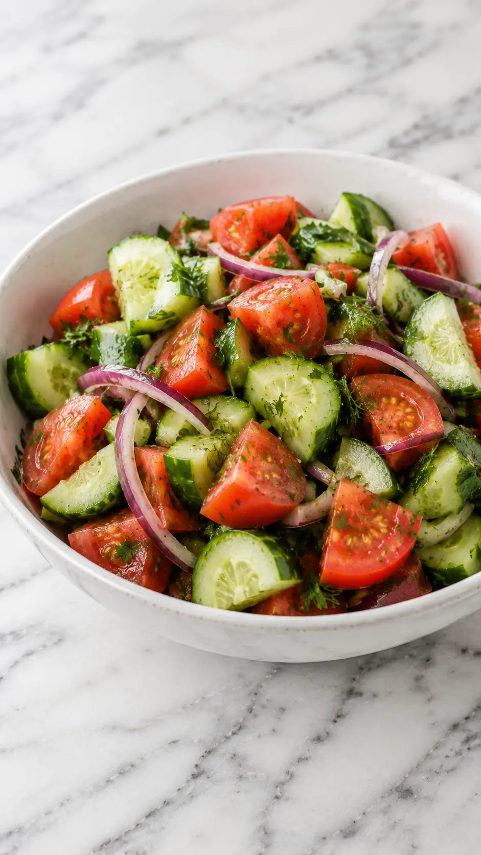 Cucumber Tomato Salad Vertical 9:16 photo of fresh Cucumber Tomato Salad with English cucumber, tomatoes, red onion, fresh herbs, olive oil, and vinegar in a white bowl on white marble.