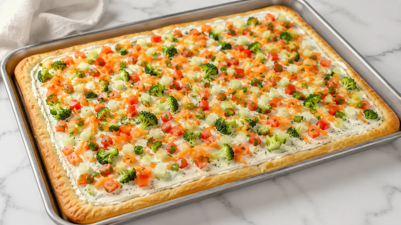 Easy Crescent Roll Veggie Pizza topped with fresh vegetables and a creamy ranch spread on a flaky crescent crust