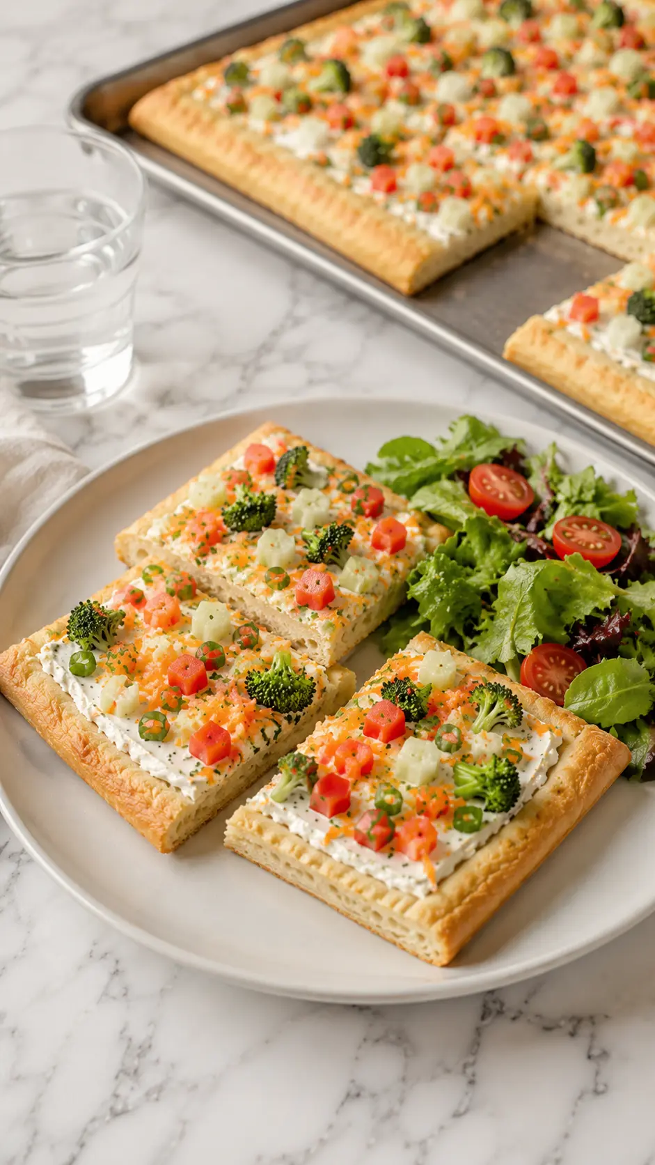 Easy Crescent Roll Veggie Pizza served with a fresh green salad on a plate for a simple home-style meal