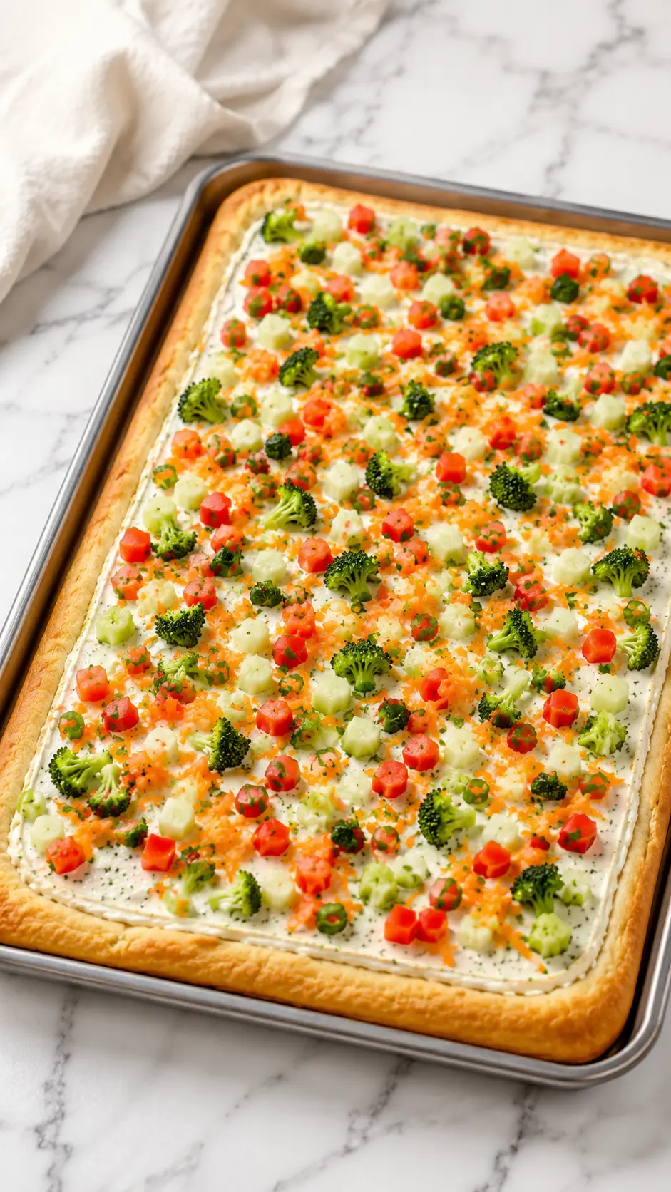 Vertical photo of Easy Crescent Roll Veggie Pizza with a flaky crescent roll crust, creamy ranch spread, and colorful fresh vegetables