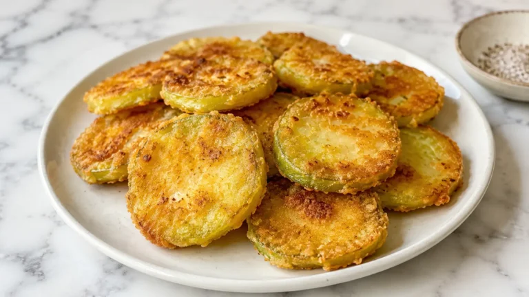 Fried tomatillos with a crispy golden coating served on a white plate over a marble surface