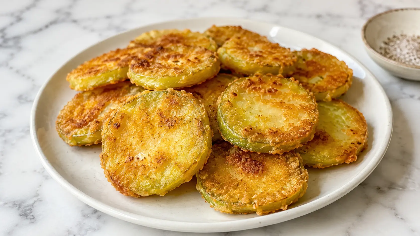 Fried tomatillos Fried tomatillos with a crispy golden coating served on a white plate over a marble surface