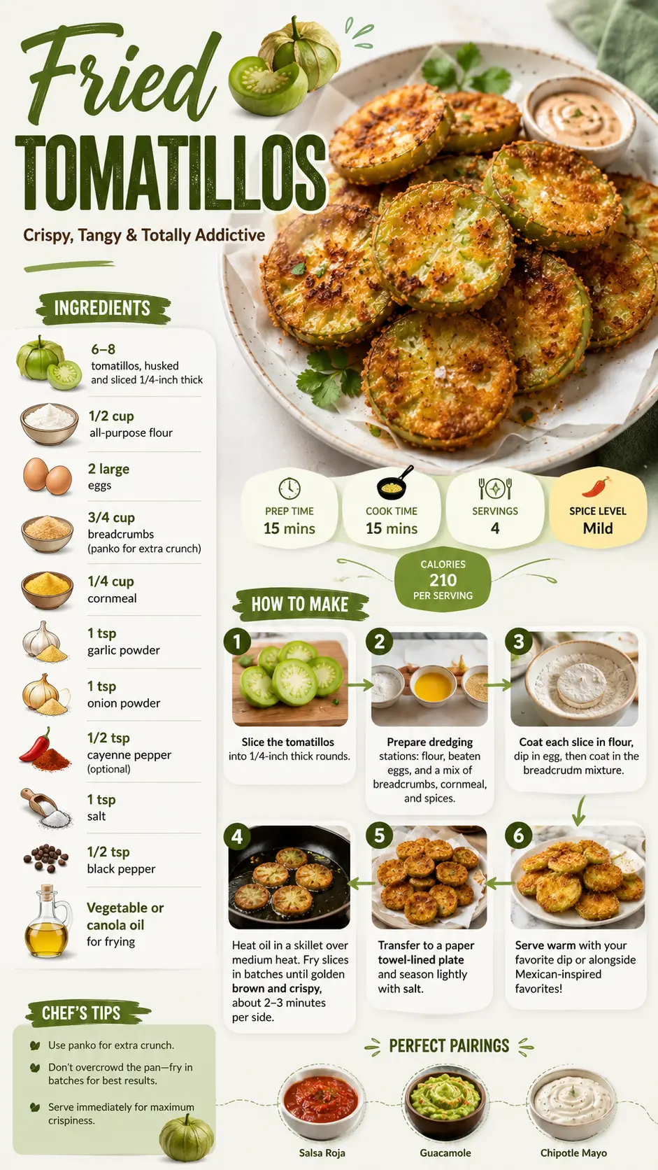 Fried tomatillos Fried tomatillos recipe infographic with ingredients, step-by-step instructions, cooking tips, and serving suggestions
