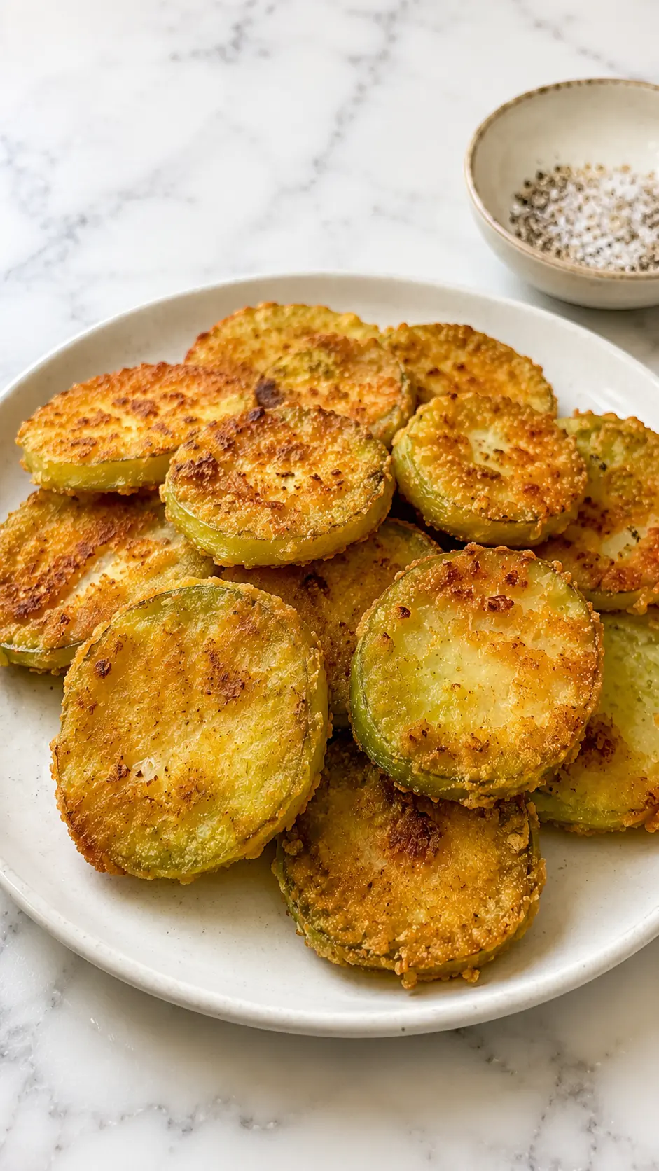 Fried tomatillos Vertical photo of crispy fried tomatillos served on a white plate with a golden breadcrumb coating
