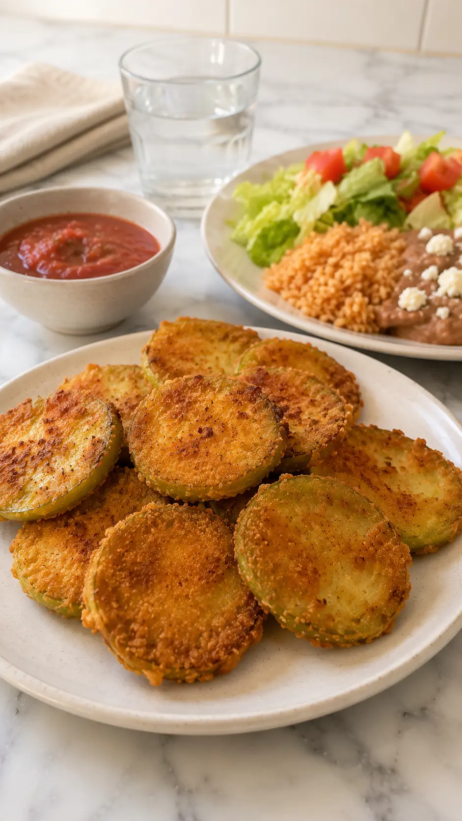 Fried tomatillos Fried tomatillos served with Mexican rice, refried beans, fresh salad, and salsa on a white marble table
