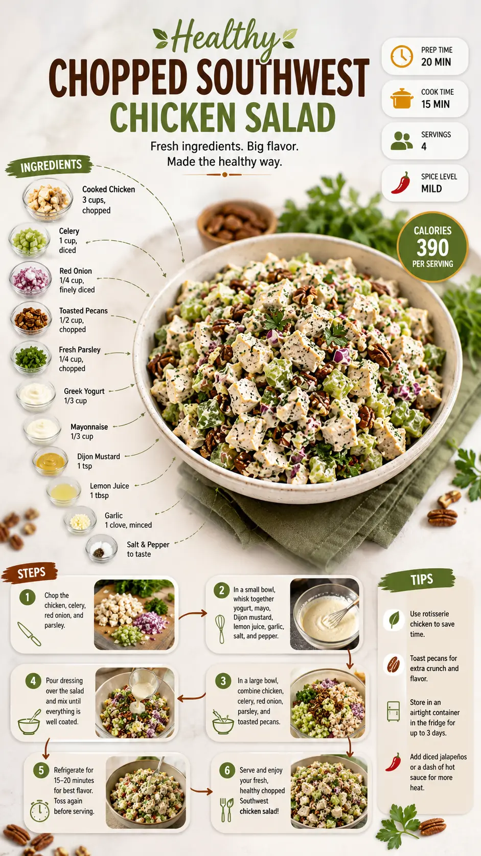 Healthy Chopped Southwest Chicken Salad Healthy Chopped Southwest Chicken Salad recipe infographic showing the finished salad, ingredients, step-by-step preparation, and cooking tips in a vertical 9:16 layout.
