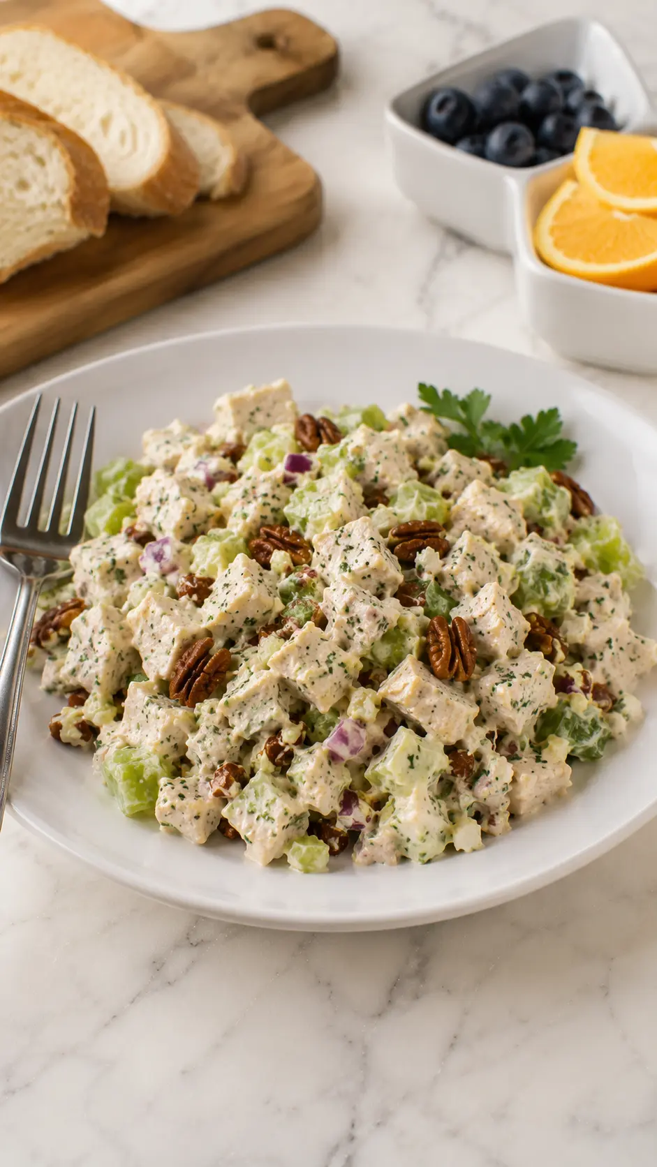 Healthy Chopped Southwest Chicken Salad Healthy Chopped Southwest Chicken Salad served as a complete meal with sliced bread, fresh grapes, and a glass of water on a white marble countertop.