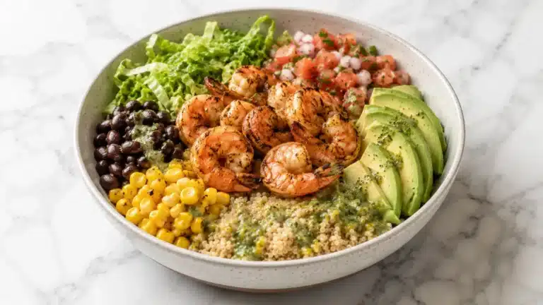Healthy Shrimp Avocado Bowls with grilled shrimp, quinoa, avocado, black beans, corn, romaine lettuce, pico de gallo, and cilantro vinaigrette served in a ceramic bowl.