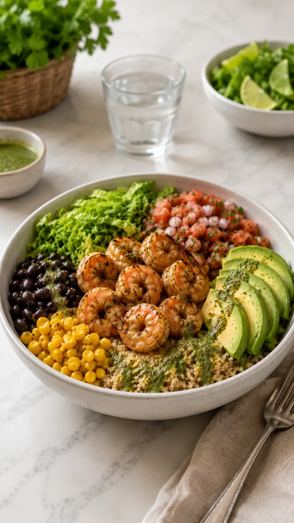 Healthy Shrimp Avocado Bowls Healthy Shrimp Avocado Bowls served with grilled shrimp, quinoa, avocado, black beans, corn, romaine lettuce, pico de gallo, cilantro vinaigrette, and simple fresh sides on a white marble table.
