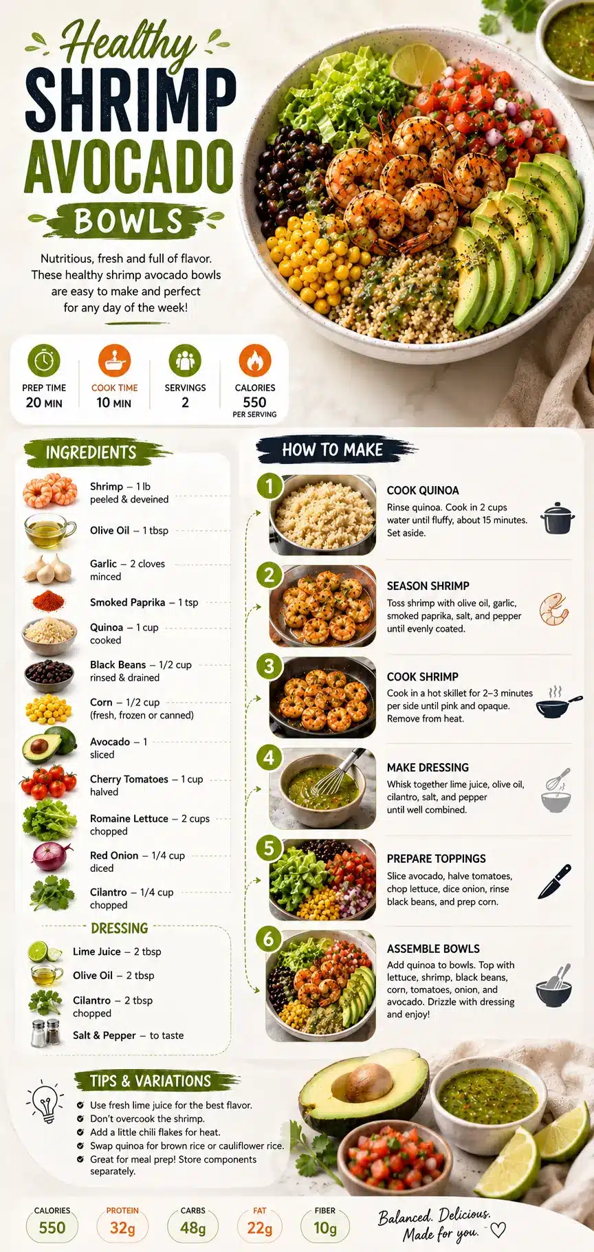 Healthy Shrimp Avocado Bowls Healthy Shrimp Avocado Bowls step-by-step recipe infographic featuring grilled shrimp, quinoa, avocado, black beans, corn, pico de gallo, cilantro vinaigrette, ingredients, and cooking instructions.
