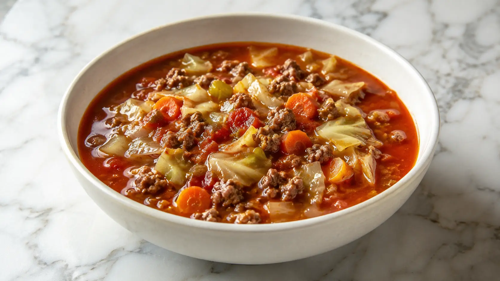 Hearty Cabbage Soup With Ground Beef served in a white bowl with cabbage, carrots, celery, tomatoes, and rich tomato broth