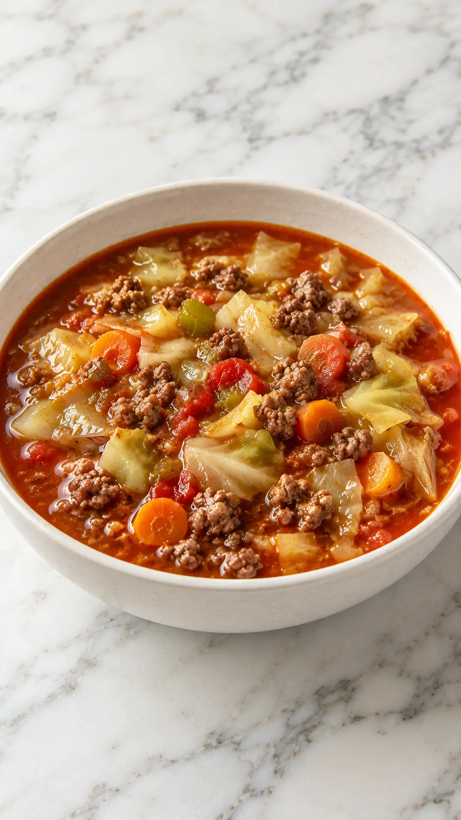 Hearty Cabbage Soup With Ground Beef Hearty Cabbage Soup With Ground Beef in a white bowl with cabbage, ground beef, carrots, celery, and tomato broth on a white marble surface