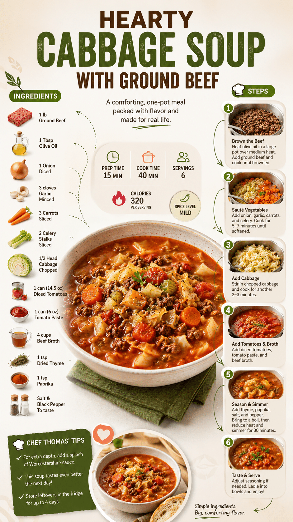 Hearty Cabbage Soup With Ground Beef Hearty Cabbage Soup With Ground Beef recipe infographic showing ingredients, step-by-step instructions, cooking time, servings, and the finished soup