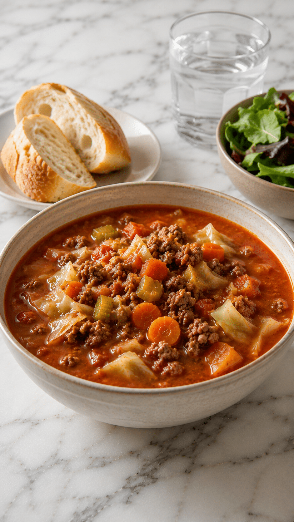 Hearty Cabbage Soup With Ground Beef Hearty Cabbage Soup With Ground Beef served with crusty bread, fresh green salad, and a glass of water on a white marble table