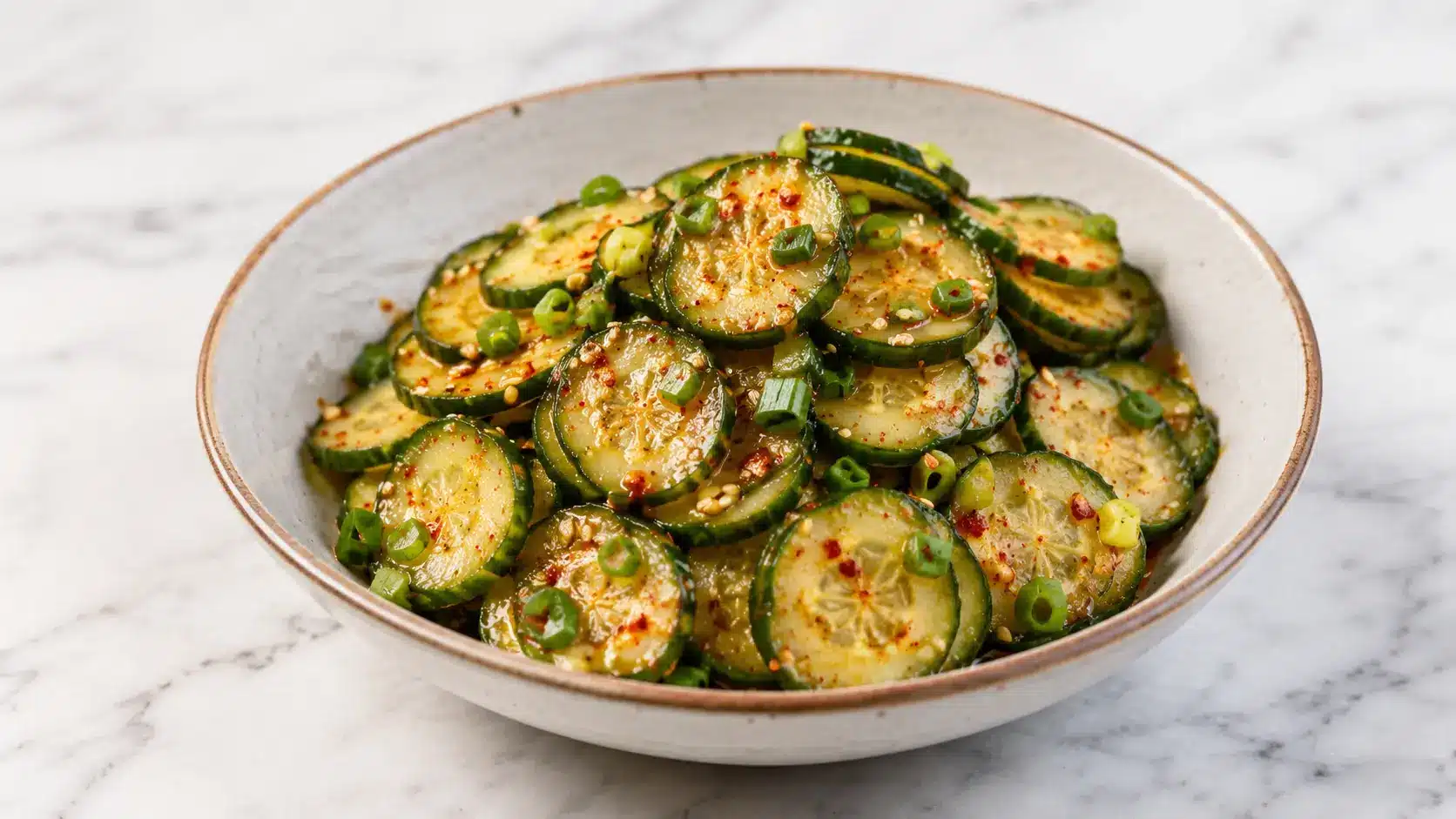 Korean Cucumber Salad served in a ceramic bowl with sesame seeds, green onions, and Korean chili flakes on a white marble surface