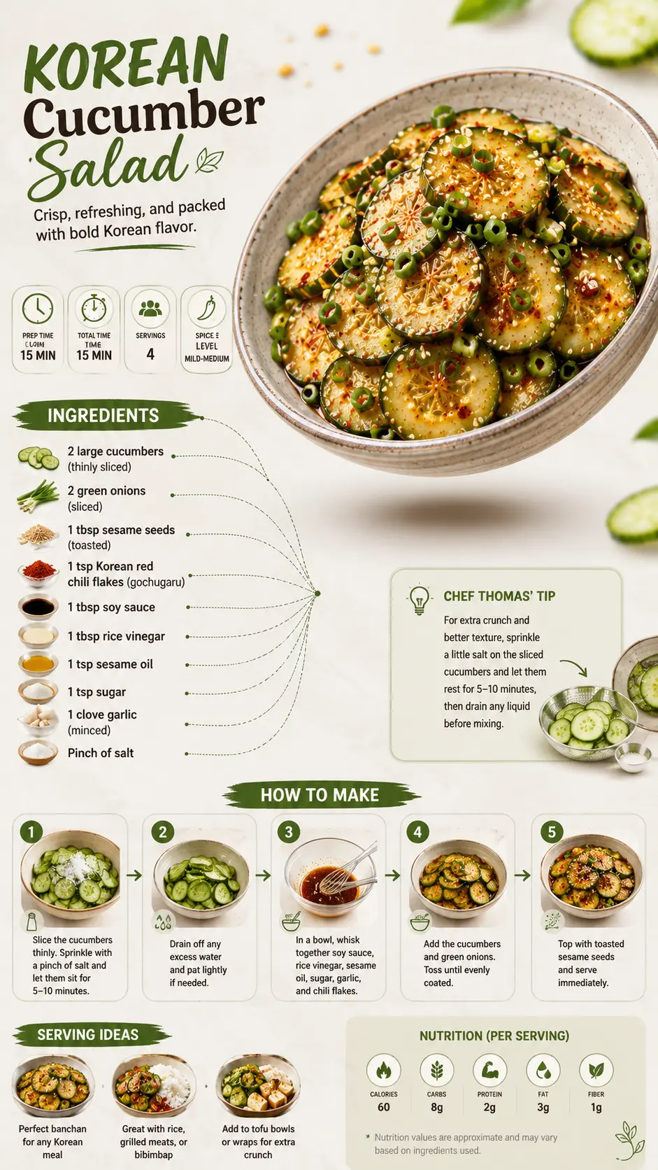 9:16 infographic showing Korean Cucumber Salad with ingredients, step-by-step instructions, cooking tips, and serving suggestions around the finished dish