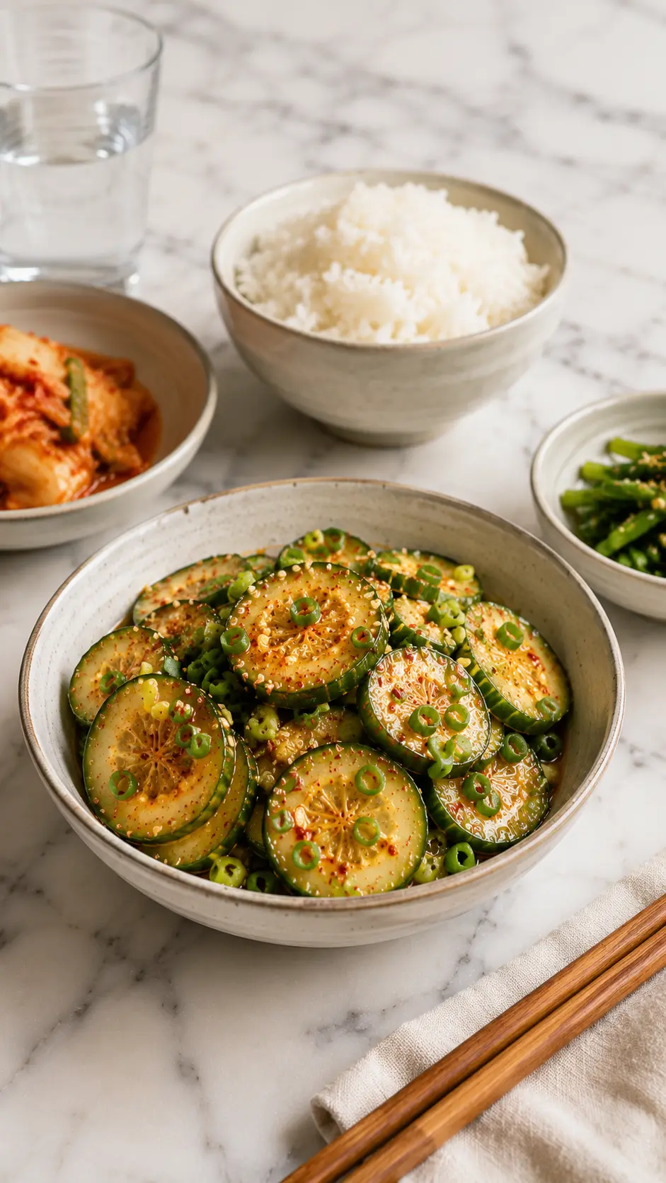 Korean Cucumber Salad served in a ceramic bowl with steamed rice, kimchi, and green vegetables on a white marble table