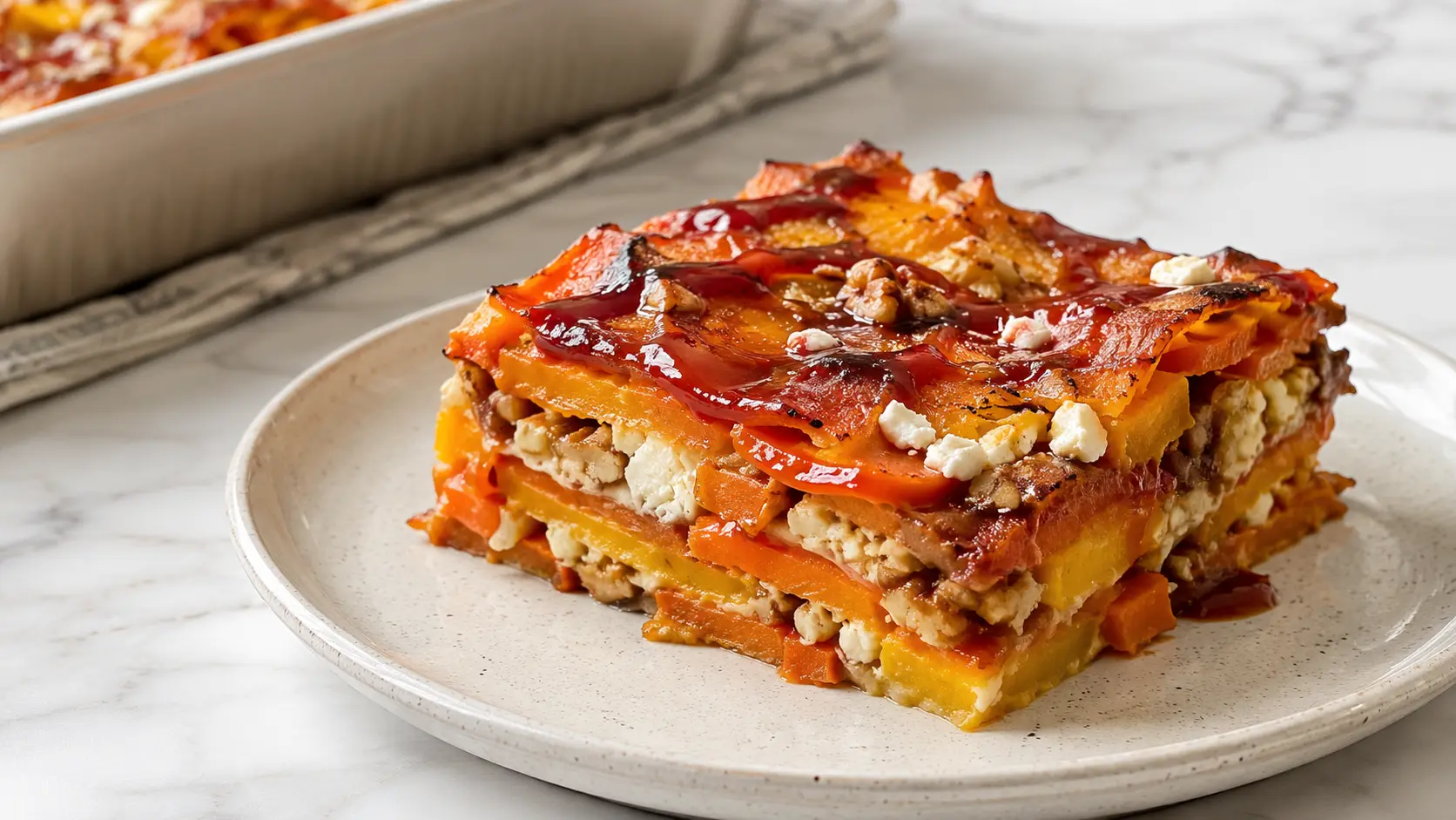 Layered Sweet Potato Butternut Squash Carrot Lasagna baked with feta cheese, toasted walnuts, and cranberry honey glaze on a white plate.