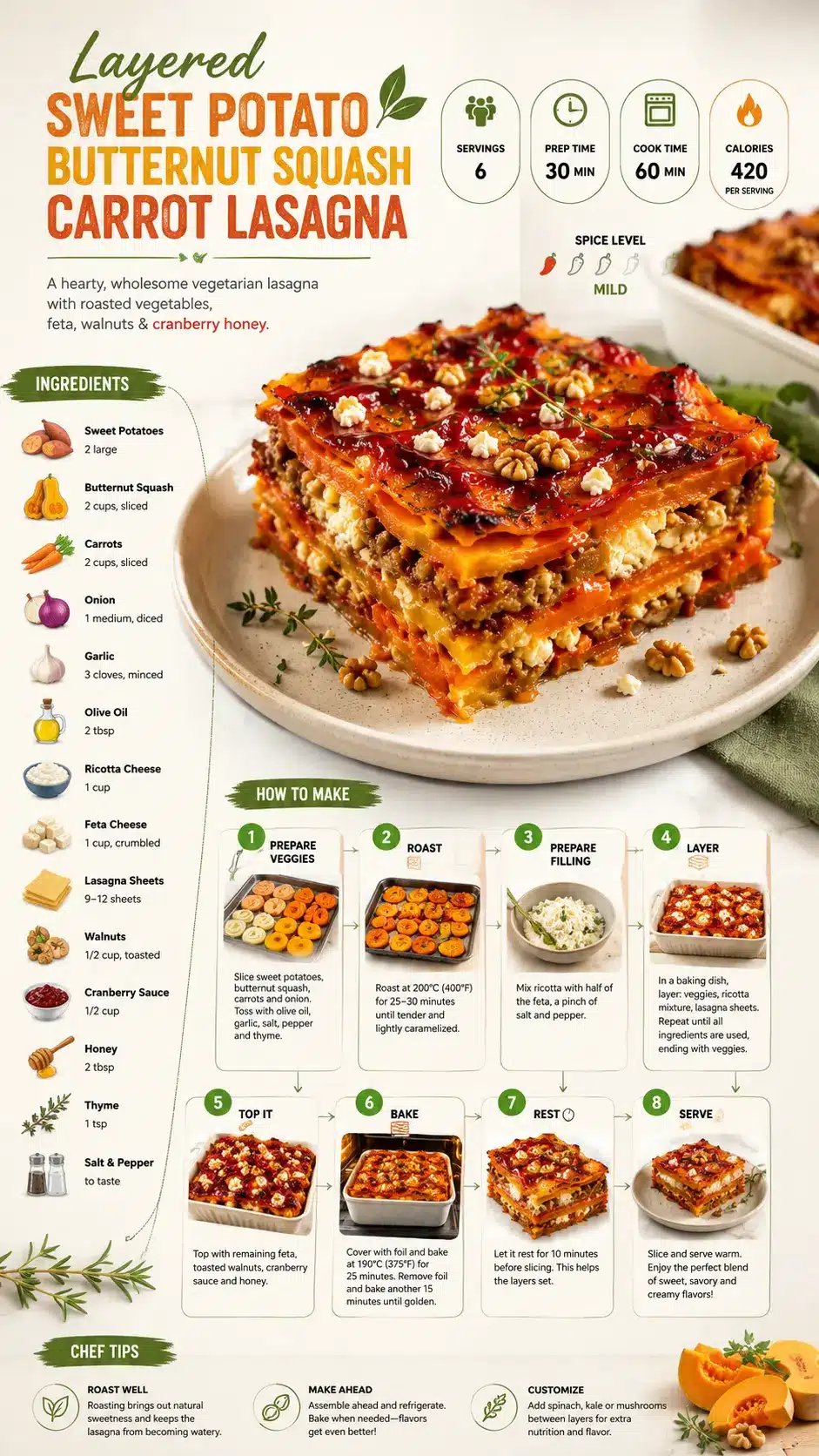 Recipe infographic for Layered Sweet Potato Butternut Squash Carrot Lasagna showing ingredients, step-by-step instructions, cooking time, and a finished plated dish.