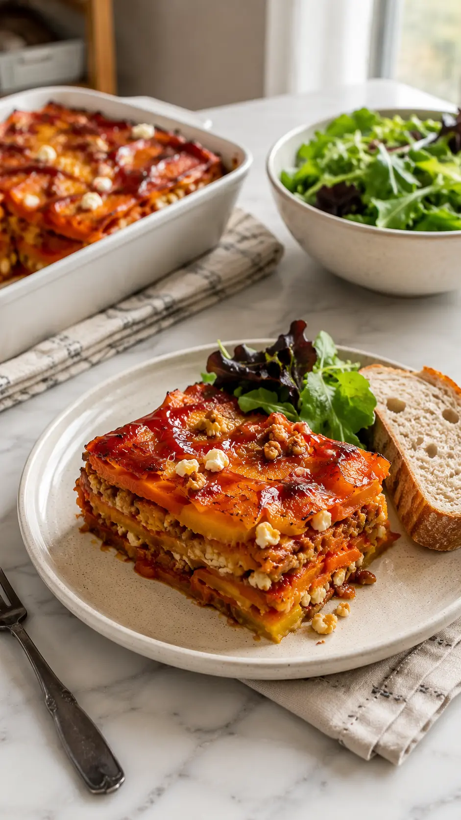Vertical serving of Layered Sweet Potato Butternut Squash Carrot Lasagna with a fresh green salad and crusty bread on a white marble table.