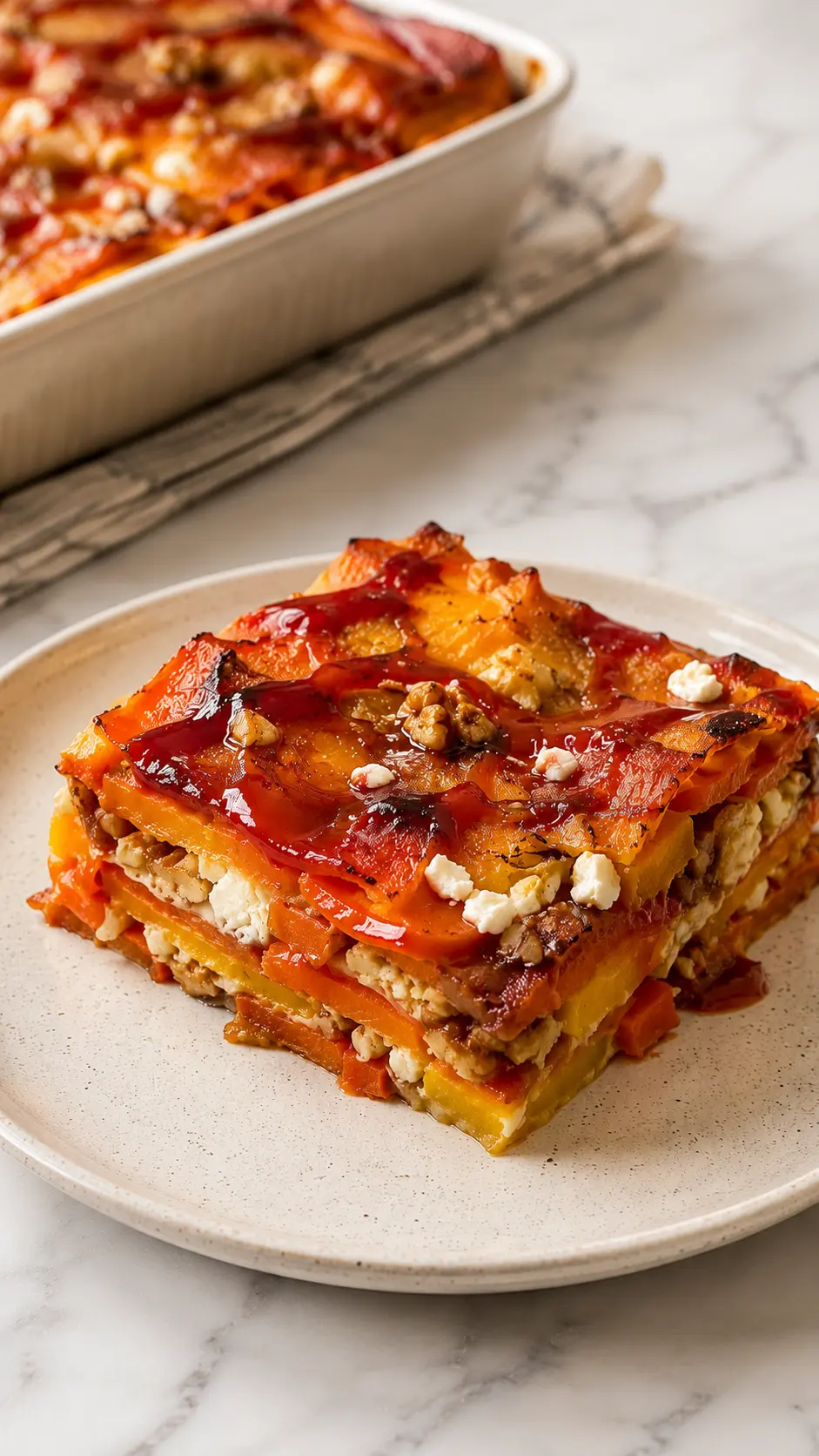 Vertical photo of Layered Sweet Potato Butternut Squash Carrot Lasagna with feta cheese, toasted walnuts, and cranberry honey glaze served on a white plate.