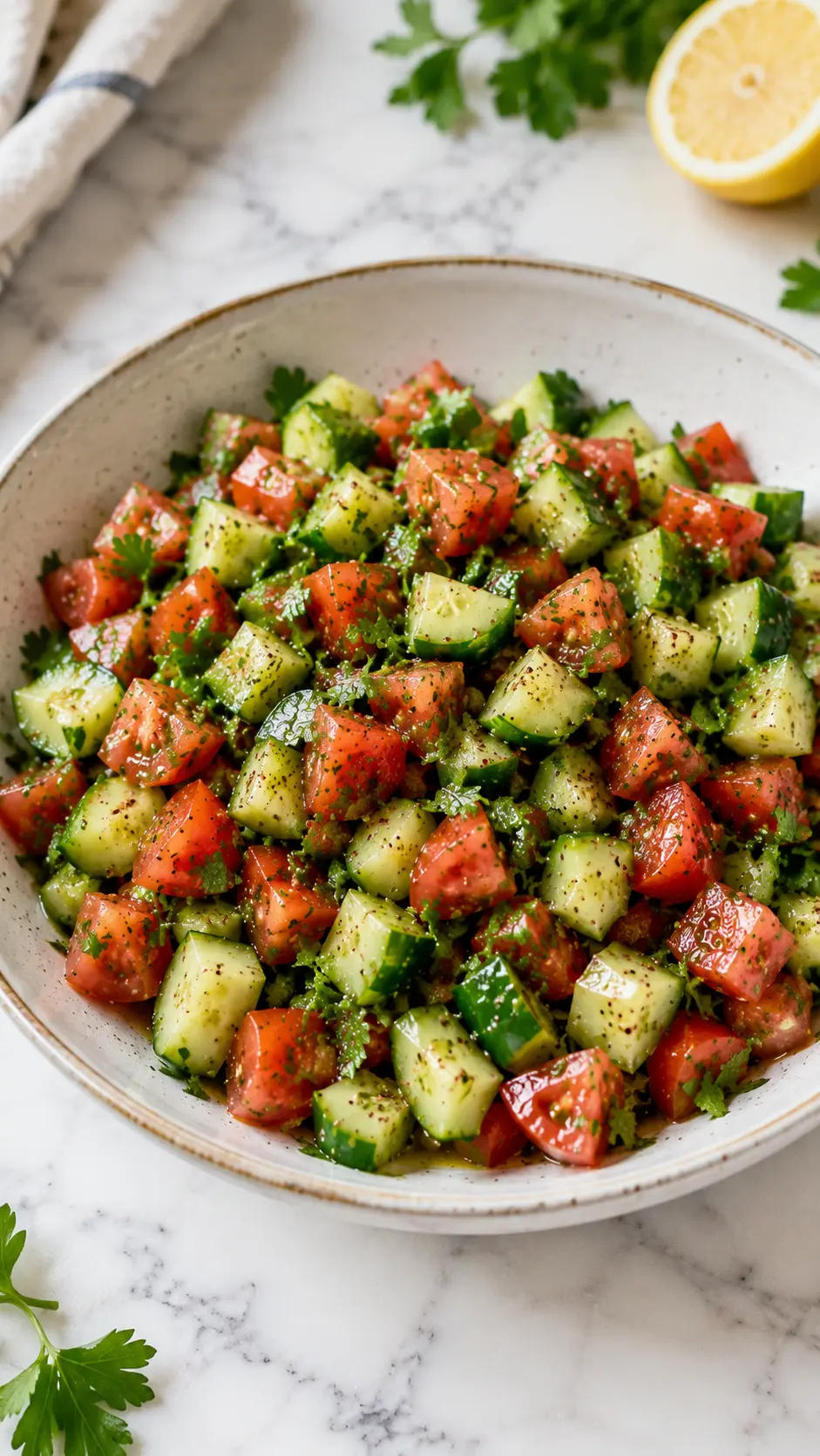 Mediterranean Lemon Cucumber Salad Fresh Mediterranean Lemon Cucumber Salad with tomatoes, cucumber, parsley, sumac, olive oil, and lemon juice served in a bowl.
