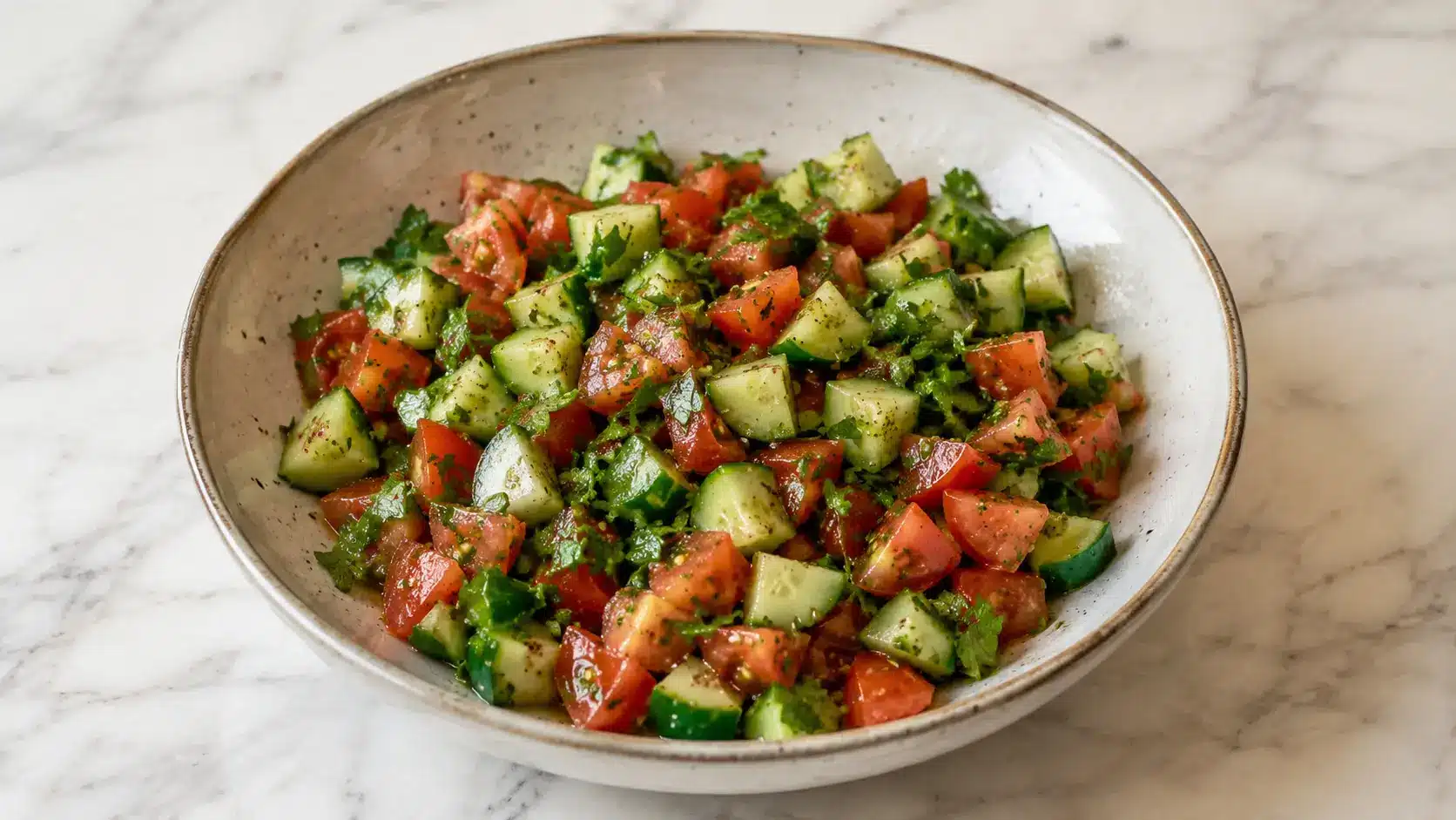 Fresh Mediterranean Lemon Cucumber Salad with tomatoes, cucumber, parsley, sumac, olive oil, and lemon juice served in a bowl.