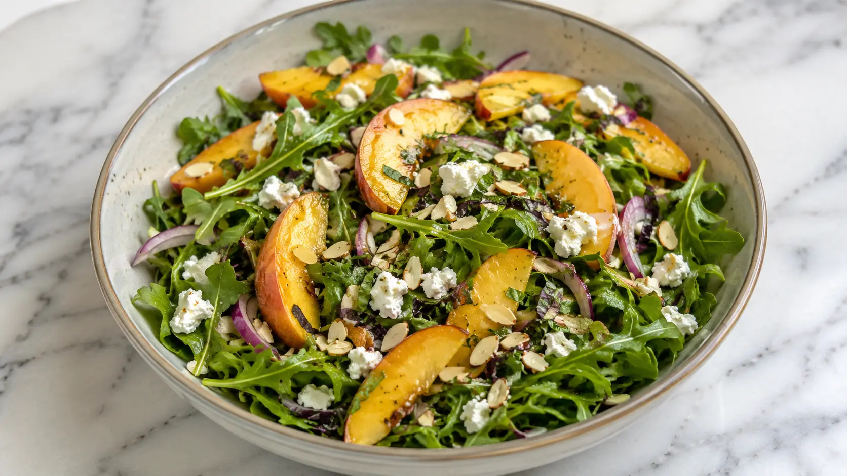 Peach Arugula Salad with fresh peaches, baby arugula, goat cheese, toasted almonds, red onion, and basil served in a bowl.