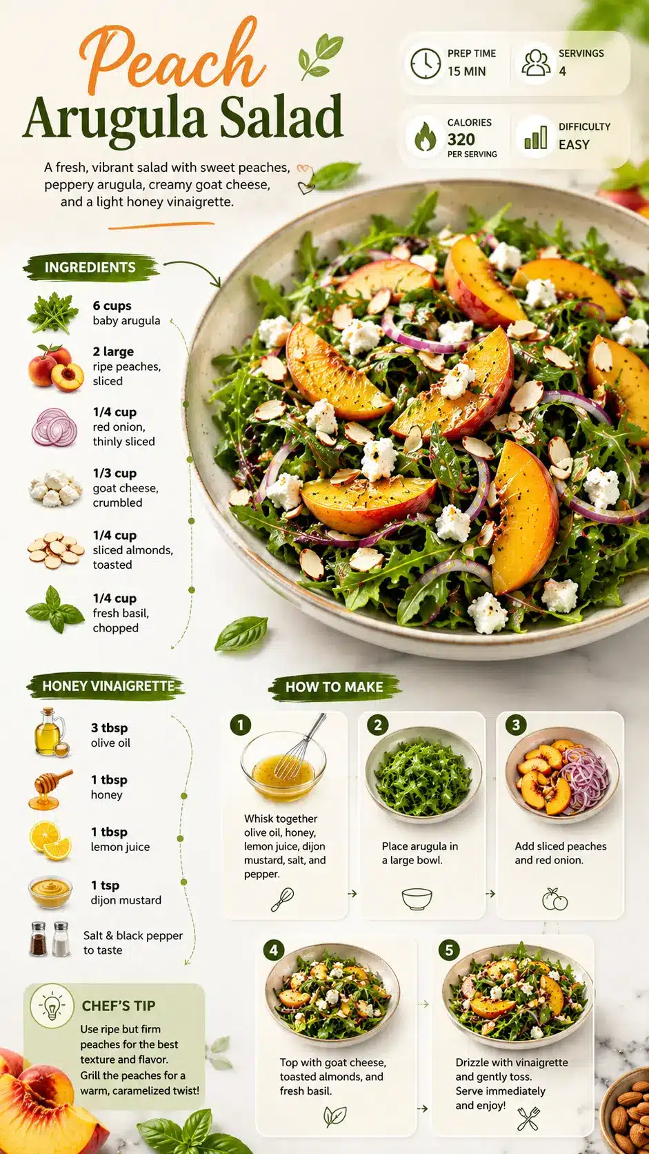 Peach Arugula Salad recipe infographic showing ingredients, step-by-step instructions, prep time, servings, and a finished salad in a vertical 9:16 layout.