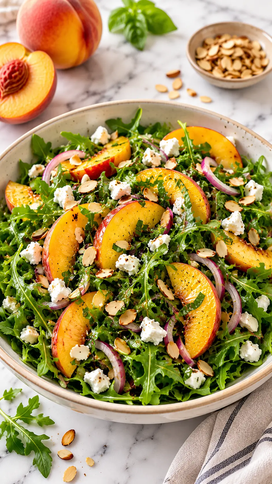 Vertical 9:16 Peach Arugula Salad with ripe peaches, baby arugula, goat cheese, toasted almonds, red onion, and fresh basil on a white marble surface.