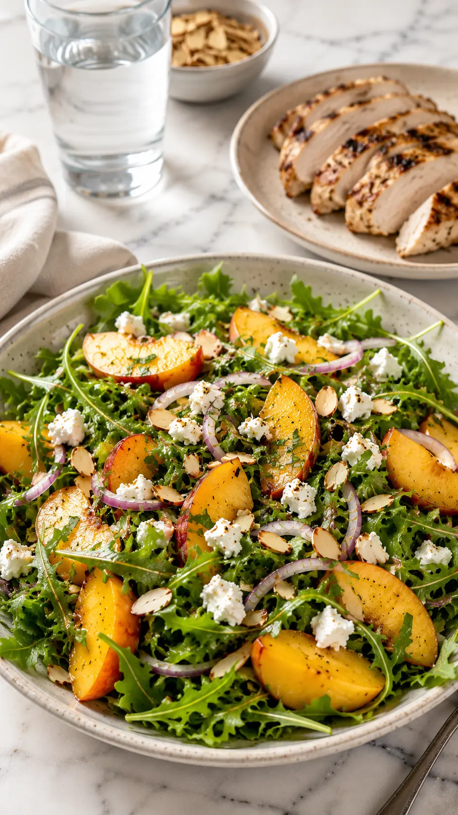 Peach Arugula Salad served as part of a home-style meal with grilled chicken on a white marble table in a vertical 9:16 composition.