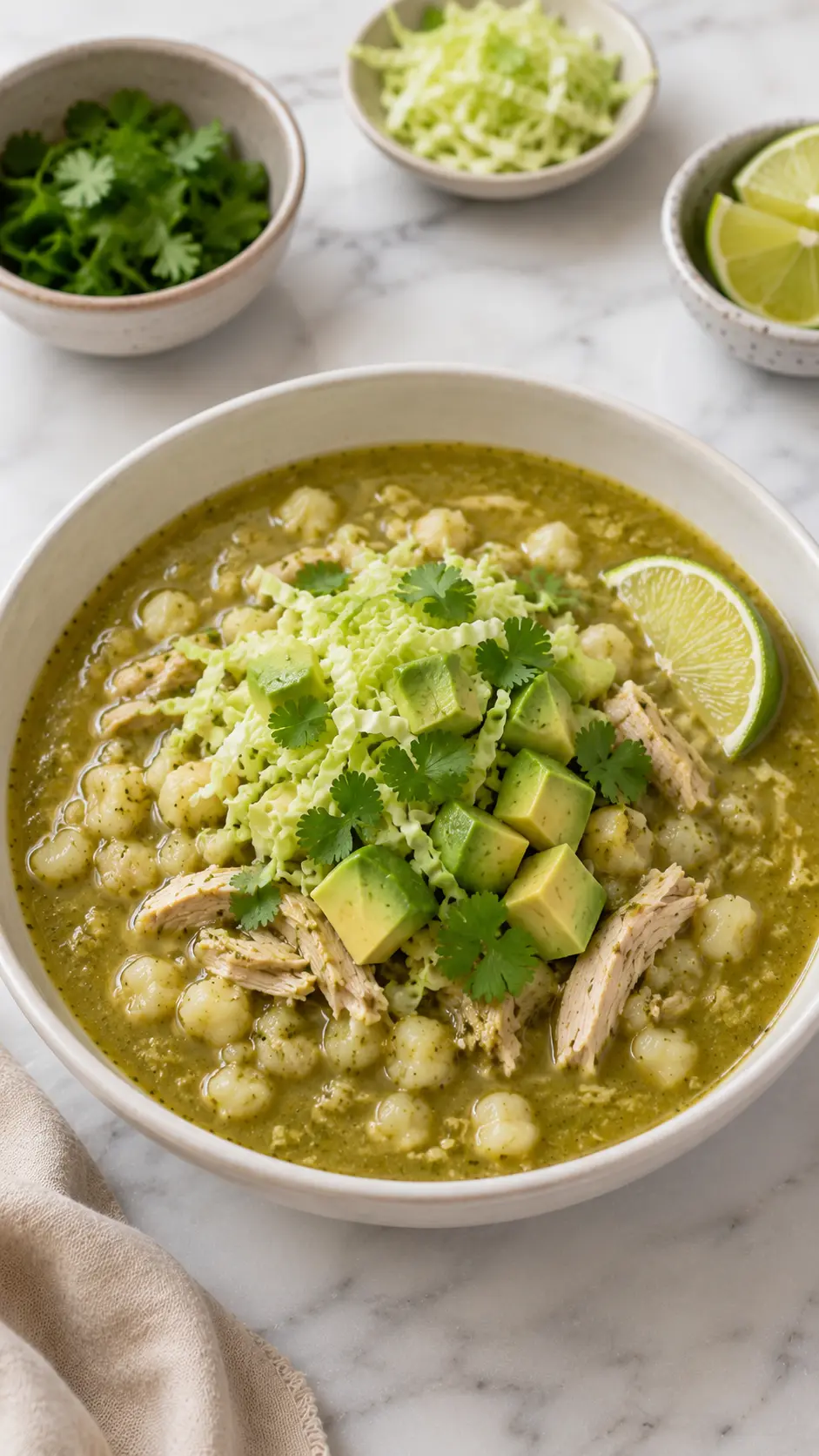 Pozole Verde Recipe in a Bowl with Chicken and Hominy Bowl of pozole verde recipe made with chicken, hominy, avocado, cabbage, cilantro, and lime on a white marble surface.