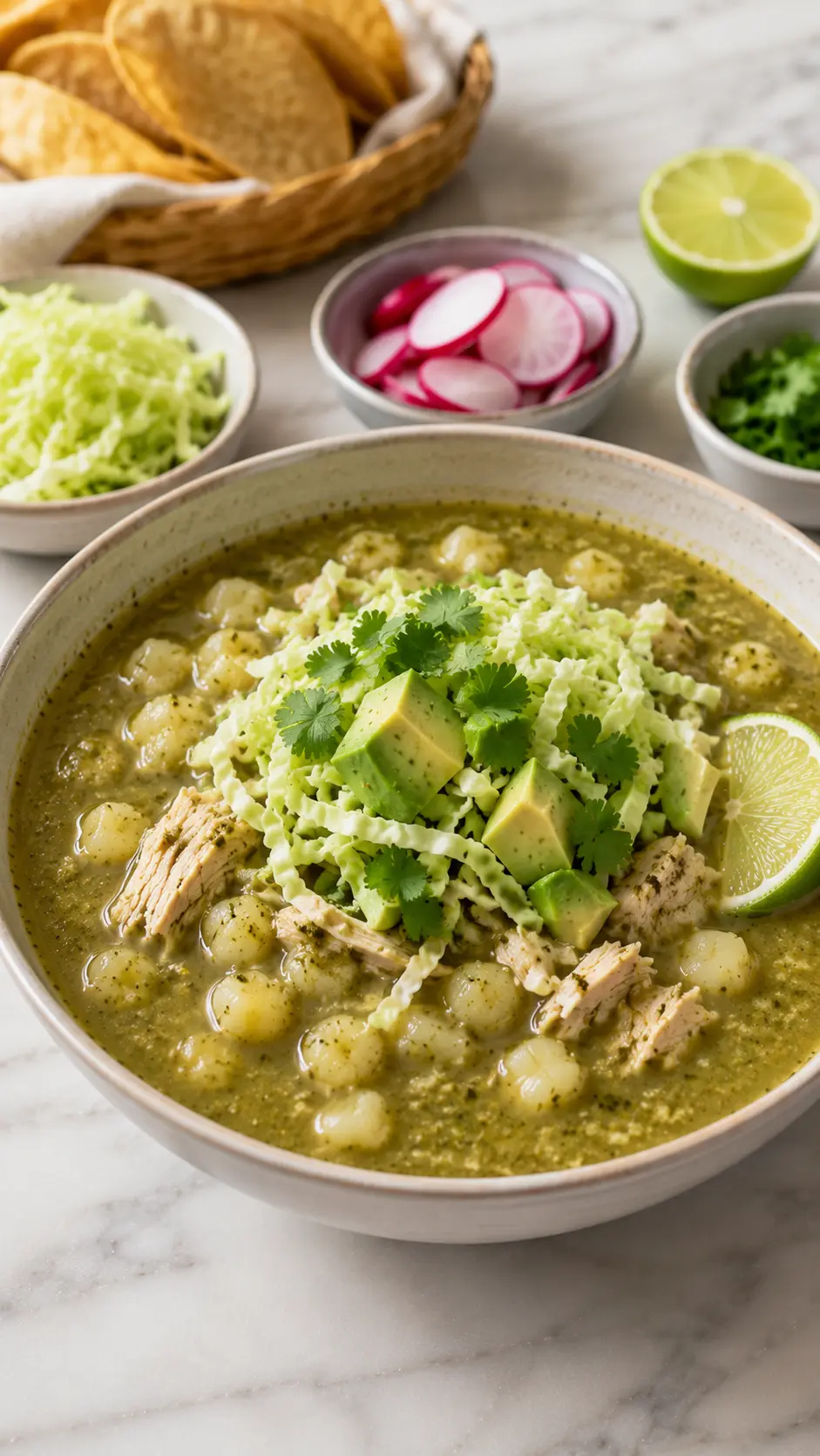 Bowl of pozole verde recipe with chicken, hominy, avocado, cabbage, cilantro, lime, and tortilla chips on a white marble table.