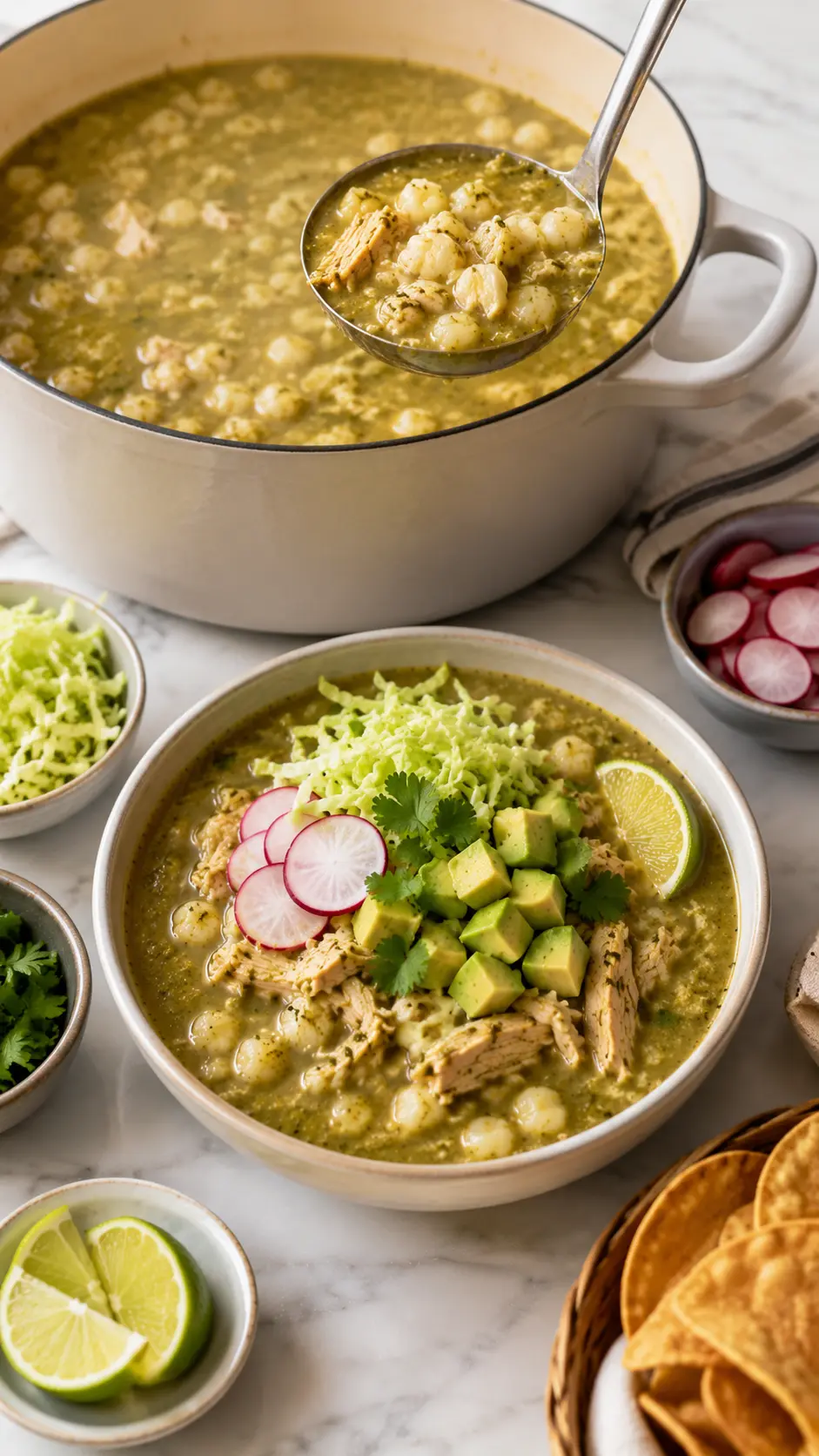Pozole verde recipe Step-by-step presentation of pozole verde recipe with a pot of green pozole, a prepared bowl, lime wedges, radishes, cilantro, and tortilla chips on a white marble surface.