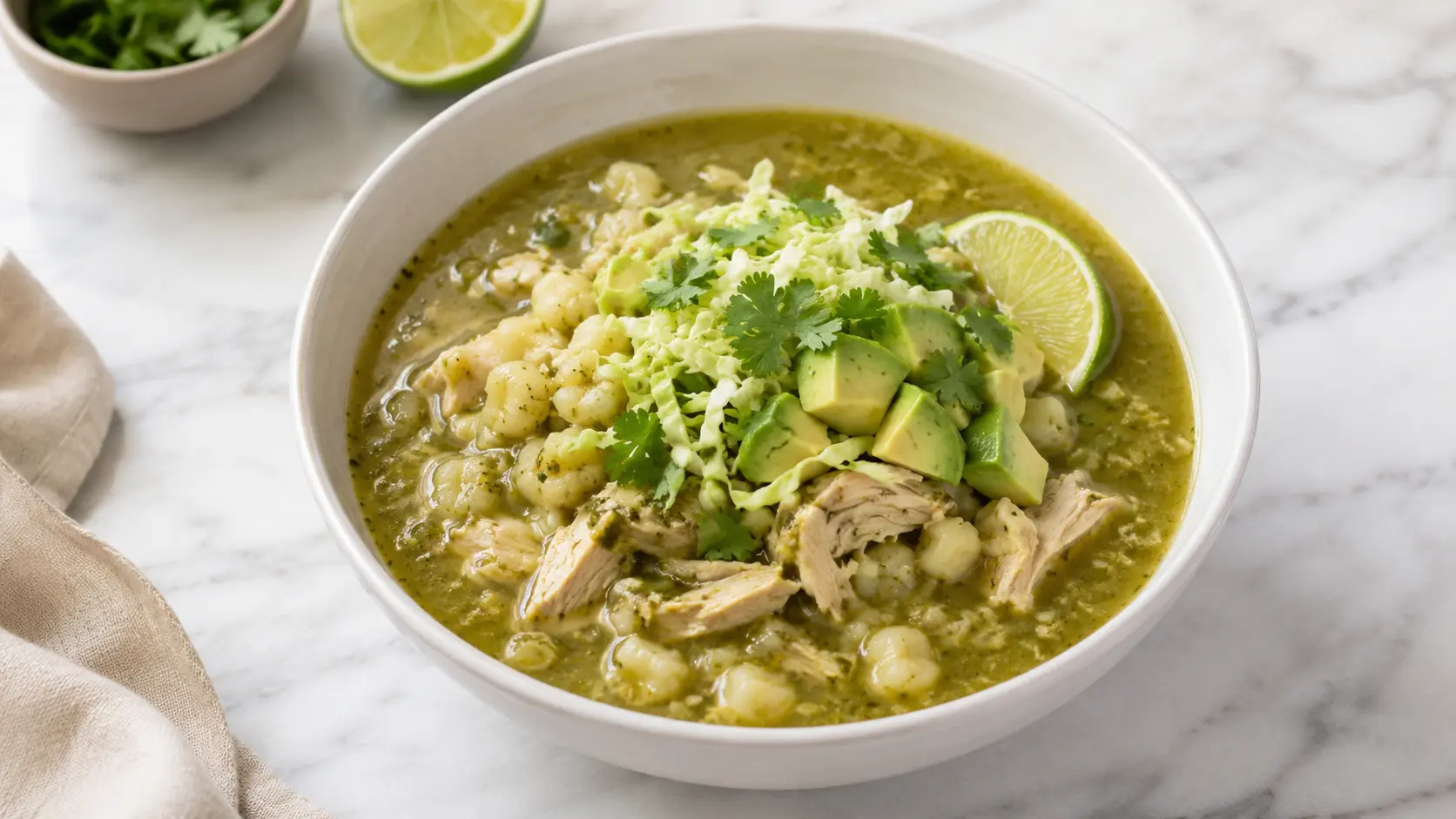 Pozole verde recipe Bowl of pozole verde recipe made with chicken, hominy, avocado, cabbage, cilantro, and lime on a white marble surface.