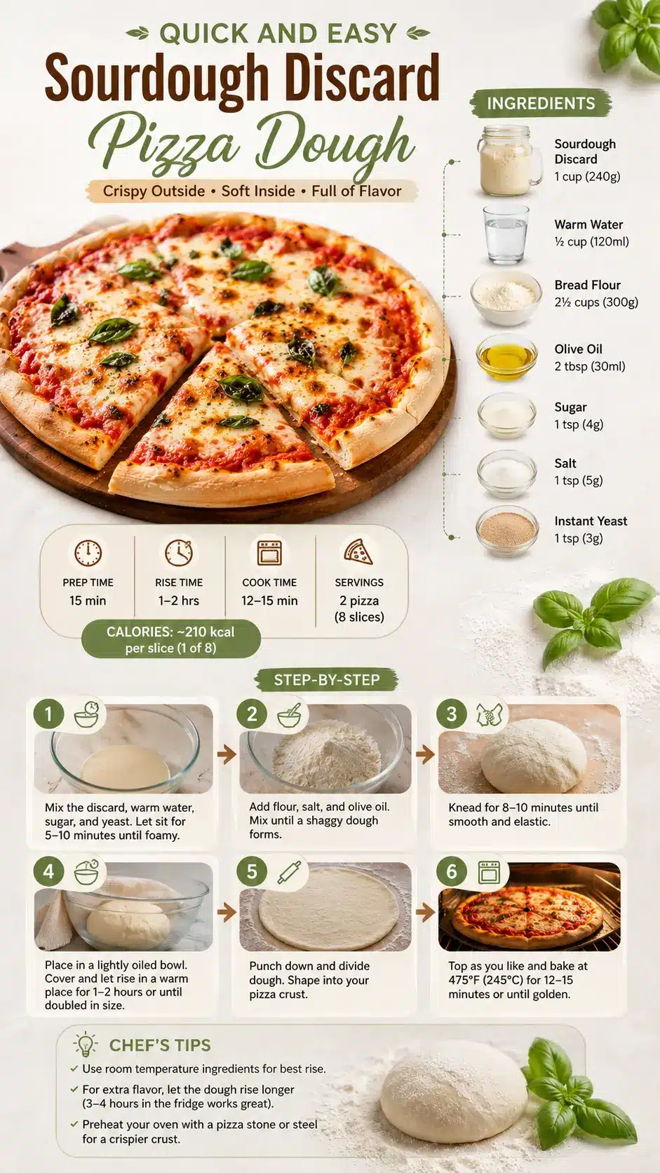 Quick And Easy Sourdough Discard Pizza Dough Recipe infographic showing how to make Quick And Easy Sourdough Discard Pizza Dough with ingredients, step-by-step instructions, prep time, and baking tips