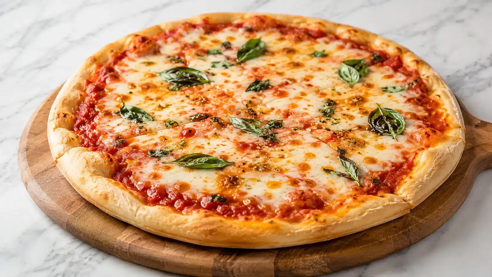 Quick And Easy Sourdough Discard Pizza Dough baked until golden brown with a crisp thin crust and melted cheese on a marble surface