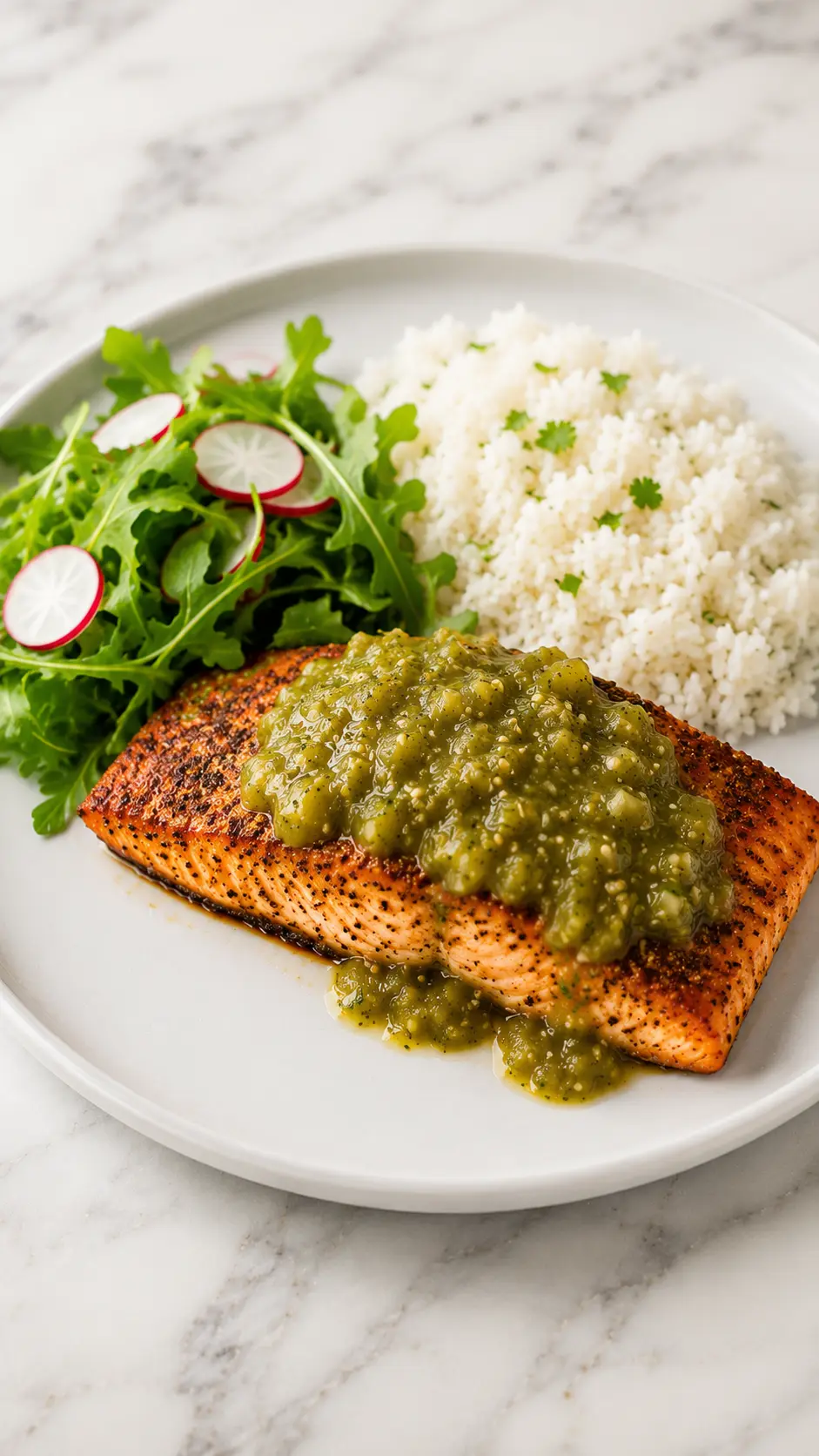 Salmon with tomatillo salsa verde Salmon with tomatillo salsa verde served with white rice and a fresh green salad on a white marble surface